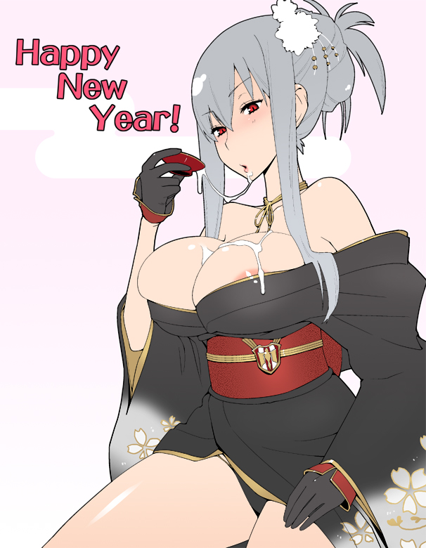 bare_shoulders breasts cleavage clothing cum cum_on_body cum_on_breasts cum_on_upper_body cum_string facial female gloves hair_ornament huge_breasts japanese_clothes kimono large_breasts long_hair new_year nipple_slip nipples ogata_mamimi panties red_eyes sakazuki selvaria_bles silver_hair solo valkyria_chronicles valkyria_chronicles_1 yukata