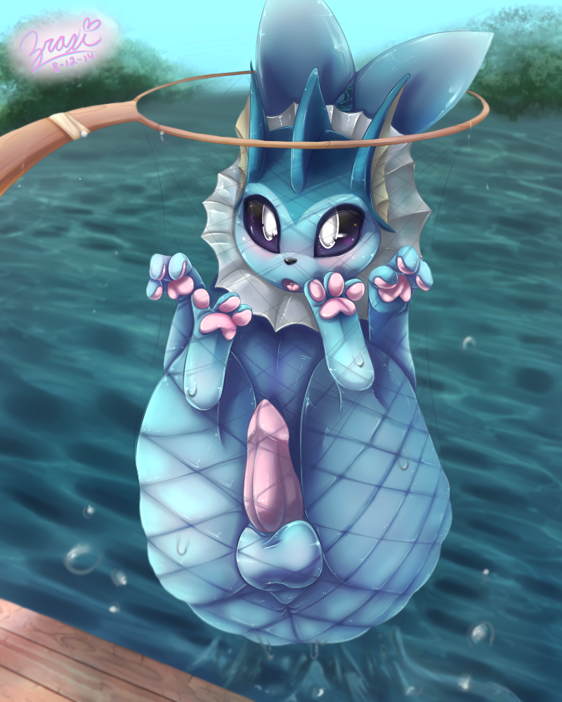 balls blush eeveelution erection fishing furry furry_only male male_vaporeon net nintendo no_humans penis pokémon_(species) pokemon vaporeon video_games water zraxi