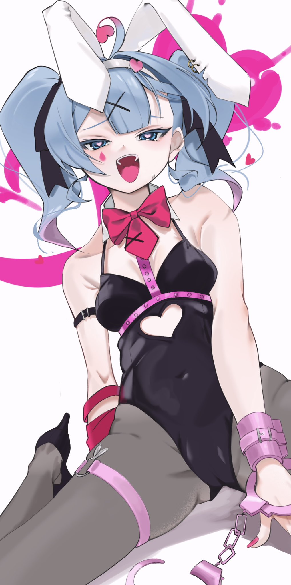 1girl, 1girls, 2024, ahoge, animal ears, bangs, bare shoulders, black footwear, black leotard, black ribbon, blue eyes, blue hair, bondage, bow, bowtie, breasts, bunny ears, bunnysuit, clothing cutout, color, covered navel, cuffs, digital media (artwork), facial markings, fake animal ears, female, hair ornament, handcuffs, hatsune miku, heart, heart cutout, heart-shaped pupils, high heels, kb kirara, latex, latex leotard, leotard, looking at viewer, multicolored hair, mv character, open mouth, pantyhose, pink hair, pink nails, playboy bunny, rabbit ears, rabbit hole (vocaloid), ribbon, sitting, small breasts, smile, solo, symbol-shaped pupils, thigh strap, tights, twintails, virtual youtuber, vocaloid, white background, x hair ornament