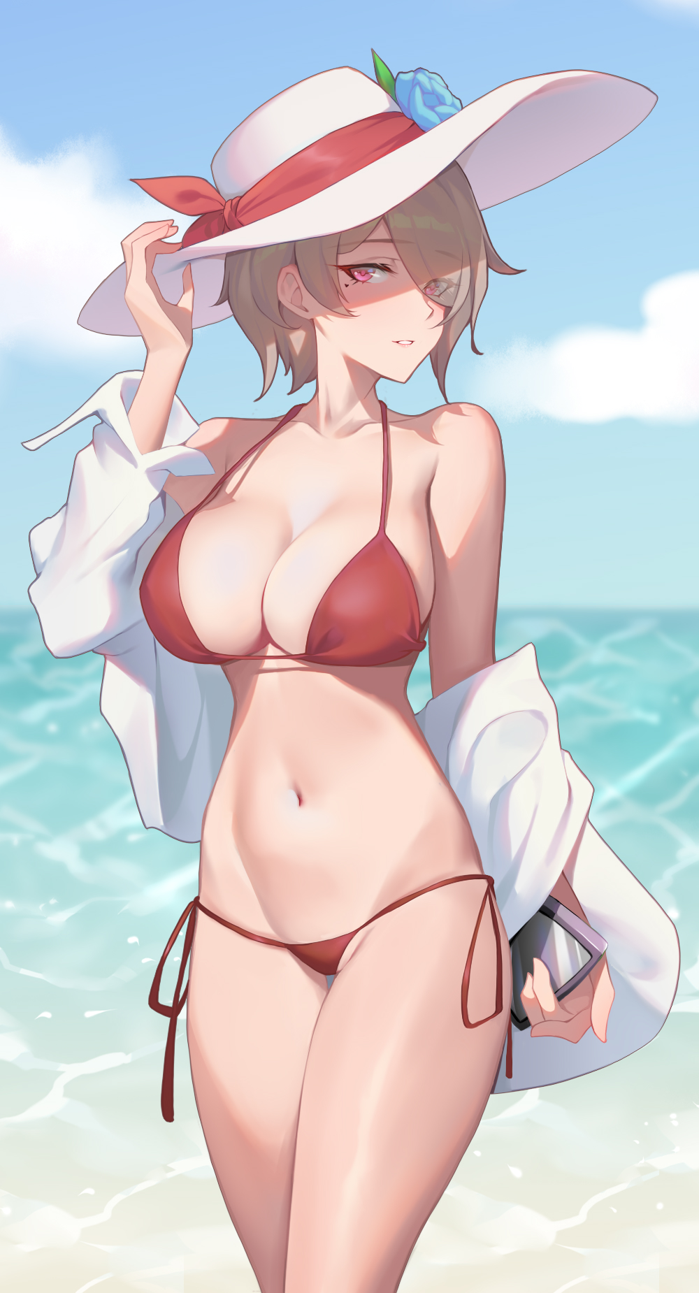 1girls, beach, bikini, blue sky, breasts, brown hair, cleavage, cloud, collarbone, day, derivative work, female, flower, hair over one eye, hat, hat flower, highres, holding, honkai (series), honkai impact 3rd, large breasts, looking at viewer, mole, mole under eye, navel, ocean, off shoulder, outdoors, red bikini, rita rossweisse, ruo zhishi chu jian, short hair, sky, solo, standing, stomach, sun hat, swimsuit