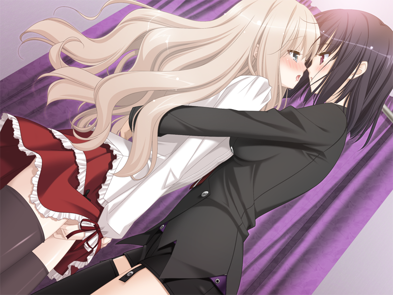 2girls black_hair blonde_hair blue_eyes blush female female_only game_cg kawamura_reo long_hair masturbation multiple_girls peko red_eyes sawaguchi_mai short_hair sono_hanabira_ni_kuchizuke_wo thighhighs yuri