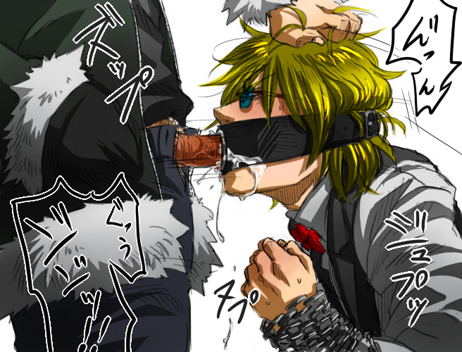 2boys angry blonde_hair bondage chains durarara!! fellatio forced forced_oral forced_yaoi gag gay green-tinted_eyewear hair heiwajima_shizuo japanese male male_only malesub multiple_boys open_mouth_gag oral orihara_izaya rape ring_gag sunglasses tinted_eyewear yaoi