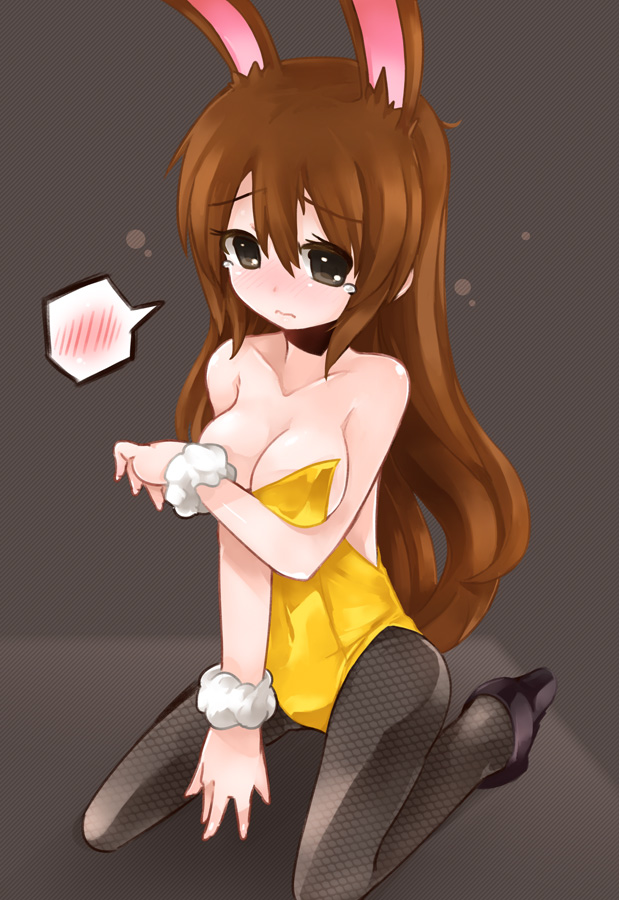 1girls, brown hair, bunny, bunny ears, bunnysuit, embarrassed, faunus, female, fishnet pantyhose, high heels, kneeling, pantyhose, rwby, solo, tagme, tears, velvet scarlatina, very long hair