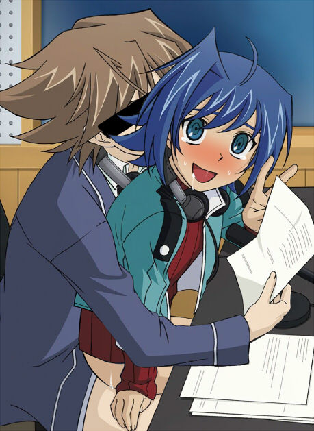 2boys ahoge aichi_sendo anal blue_eyes blue_hair blush bottomless brown_hair cardfight!!_vanguard chalkboard classroom cum desk gay headphones male microphone multiple_males papers school school_uniform sex sitting sitting_on_lap sitting_on_person stealth_sex sweat toshiki_kai v yaoi