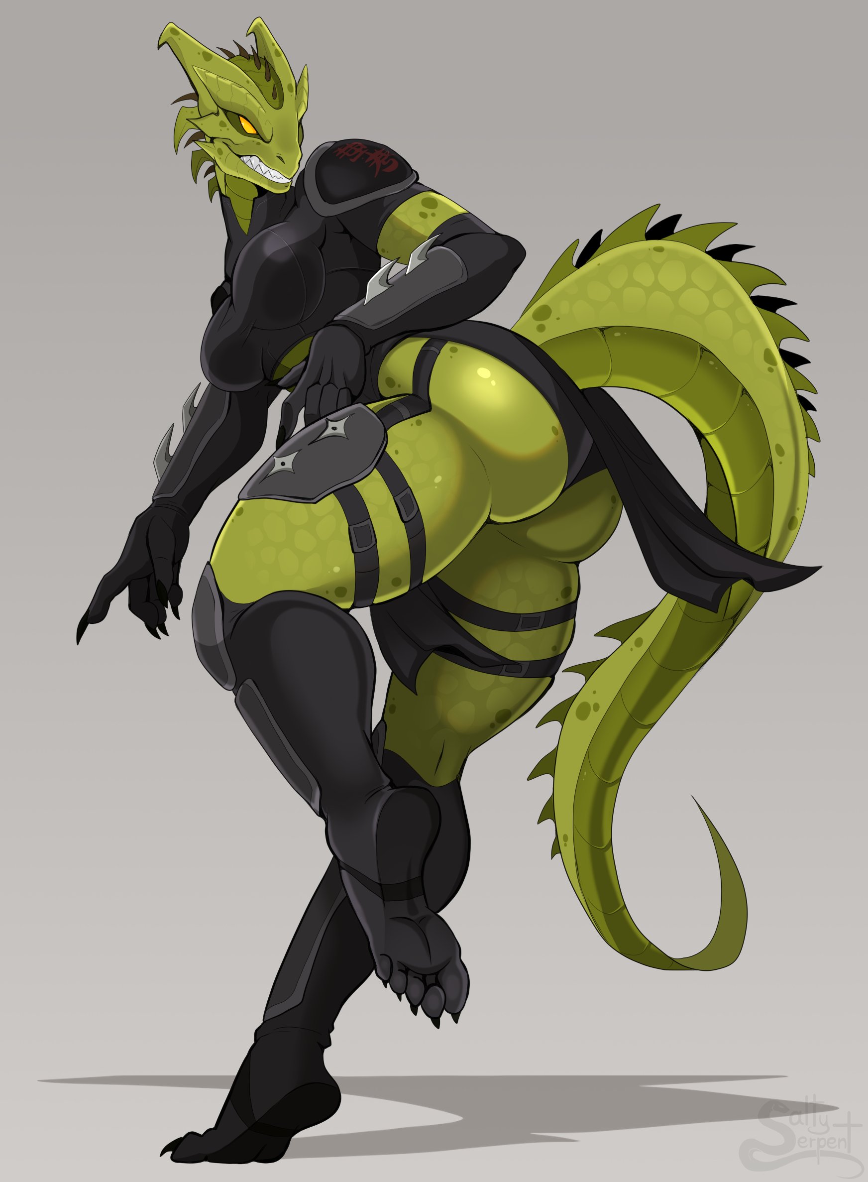 anthro, big butt, breasts, butt, clothed, clothing, dragon, epic games, female, fortnite, fortnite: battle royale, green body, legwear, looking back, saltyserpent, scales, scalie, simple background, smile, solo, synthesis (fortnite), tail, thick thighs