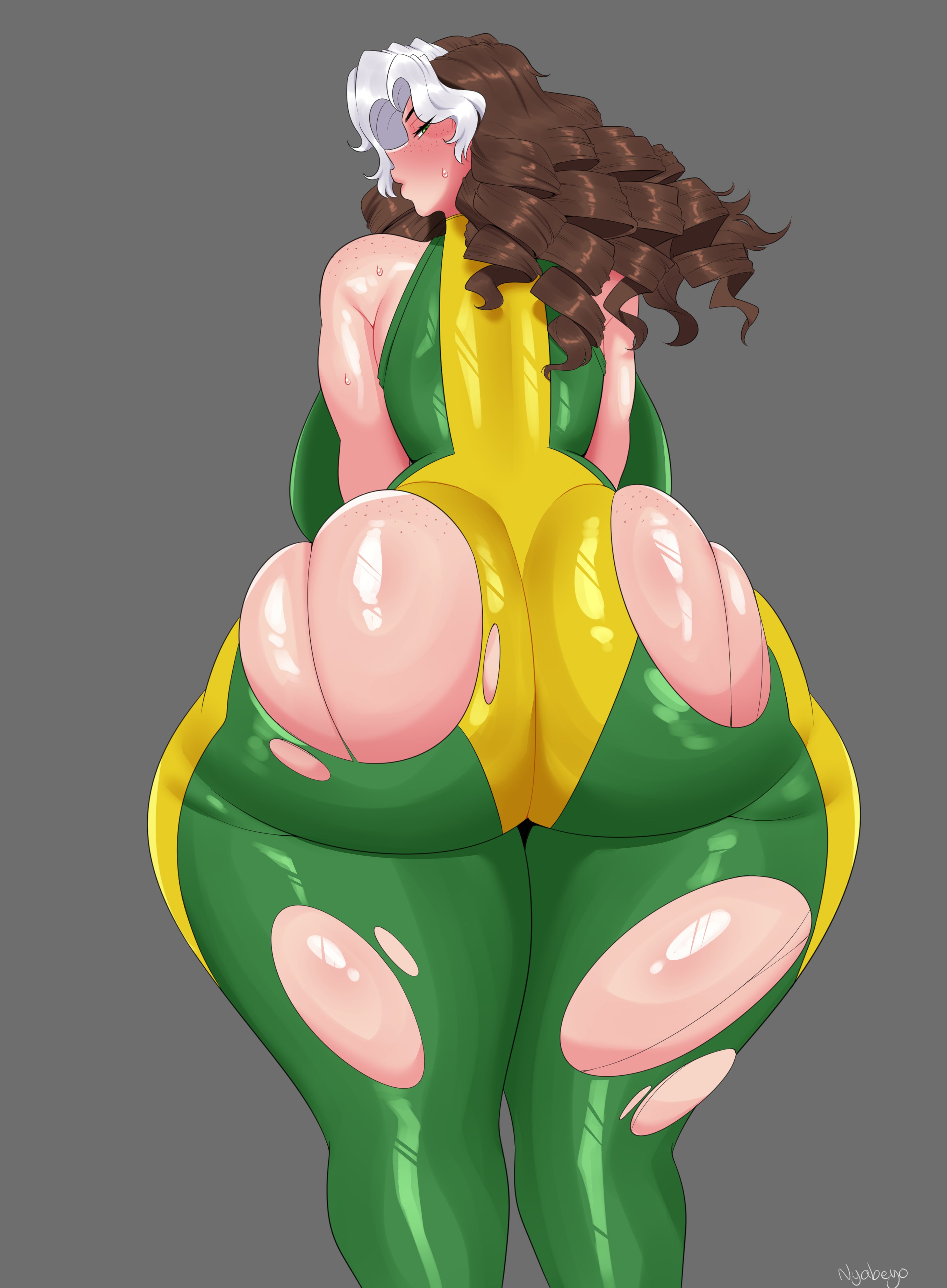 1girls, big ass, dat ass, huge ass, looking at viewer, looking back, marvel, marvel comics, nyabeyo, ripped bodysuit, ripped clothing, rogue (x-men), x-men
