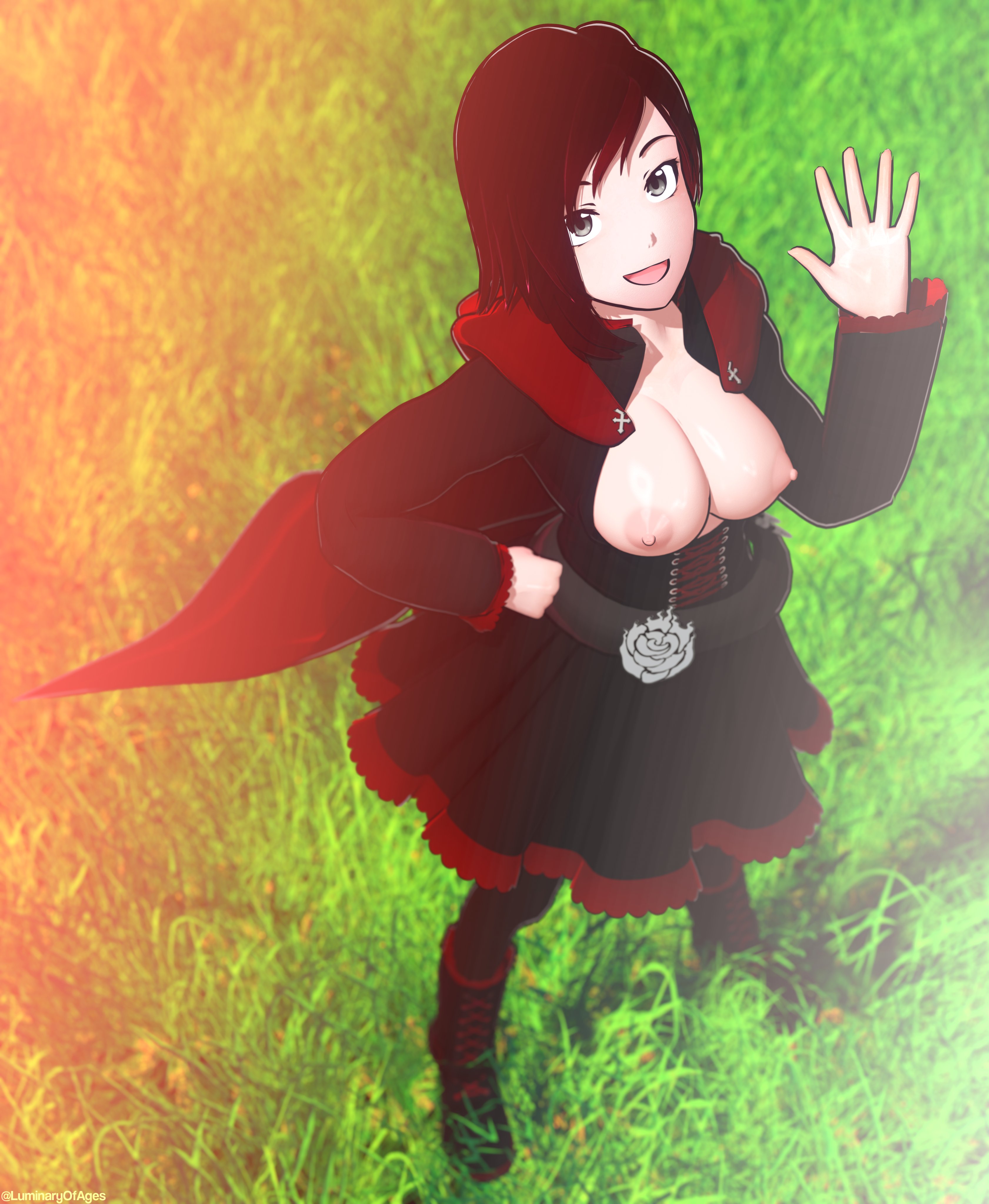 1girls, 3d, 3d (artwork), breasts, cape, female, female only, grass, light skin, light-skinned female, luminaryofages, nipples, ruby rose, rwby
