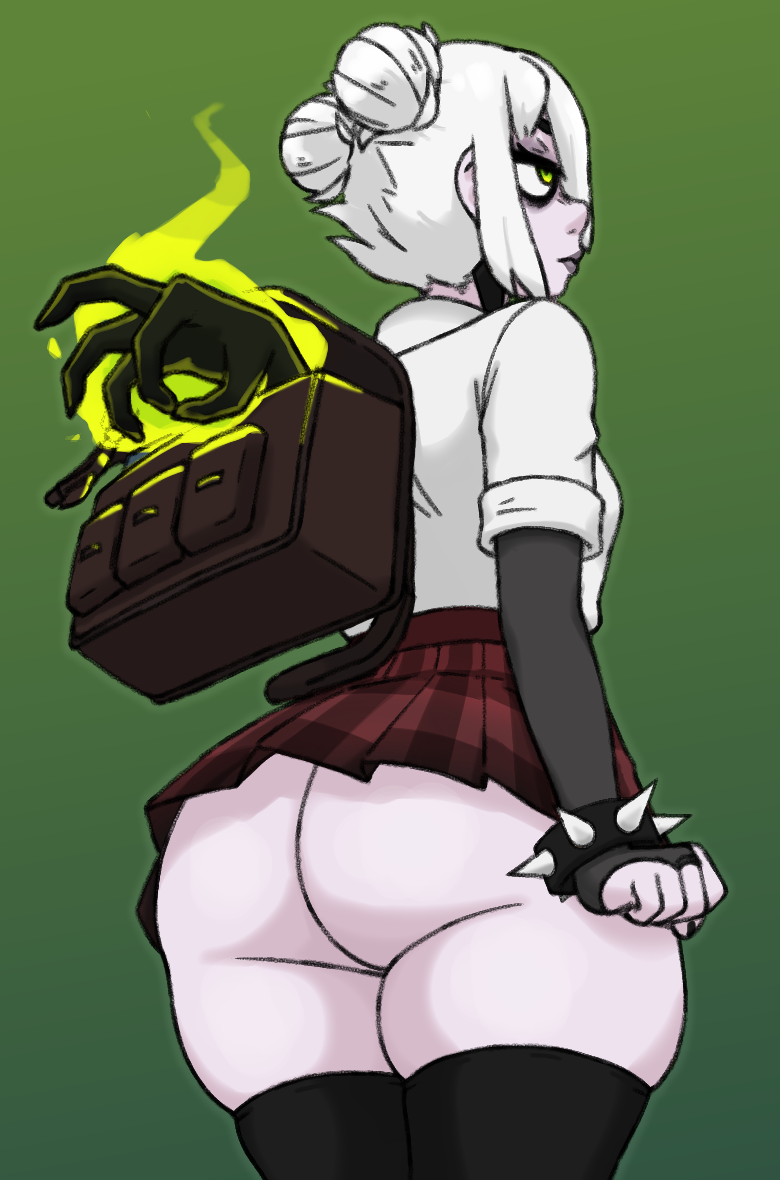 1girls, armwear, ass, ass cleavage, backpack, big ass, black thighhighs, bottomwear, bracelet, deadlock, disembodied hand, double bun, female, female only, graves (deadlock), green background, green eyes, hair, hair bun, huge ass, legwear, pleated skirt, red skirt, rottedpaint, shirt, short skirt, skirt, solo, solo female, spiked bracelet, thick thighs, thighhighs, thighs, topwear, white hair, white shirt