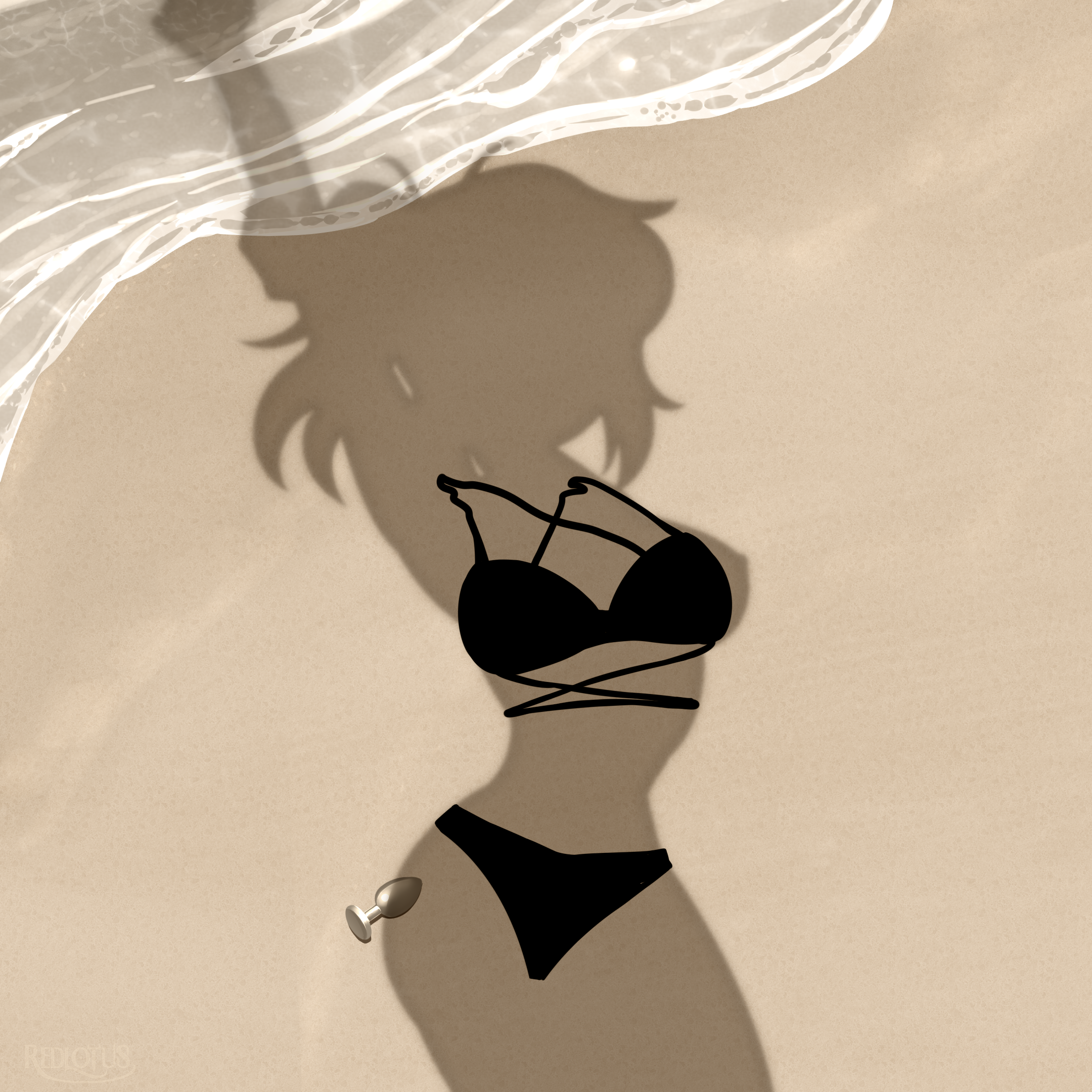 1girls, arm behind head, beach, bikini, bikini bottom, bikini bottom removed, bikini top, bikini top removed, black bikini, breasts, buttplug, dressed shadow (meme), female, female only, hair, hips, implied nudity, mature, mature female, mature woman, medium breasts, meme, meme reference, milf, mother, ponytail, pose, posing, redlotus, renee graves, sand, shadow, solo, solo female, swimwear, the coffin of andy and leyley, thighs, tied hair, unworn bikini