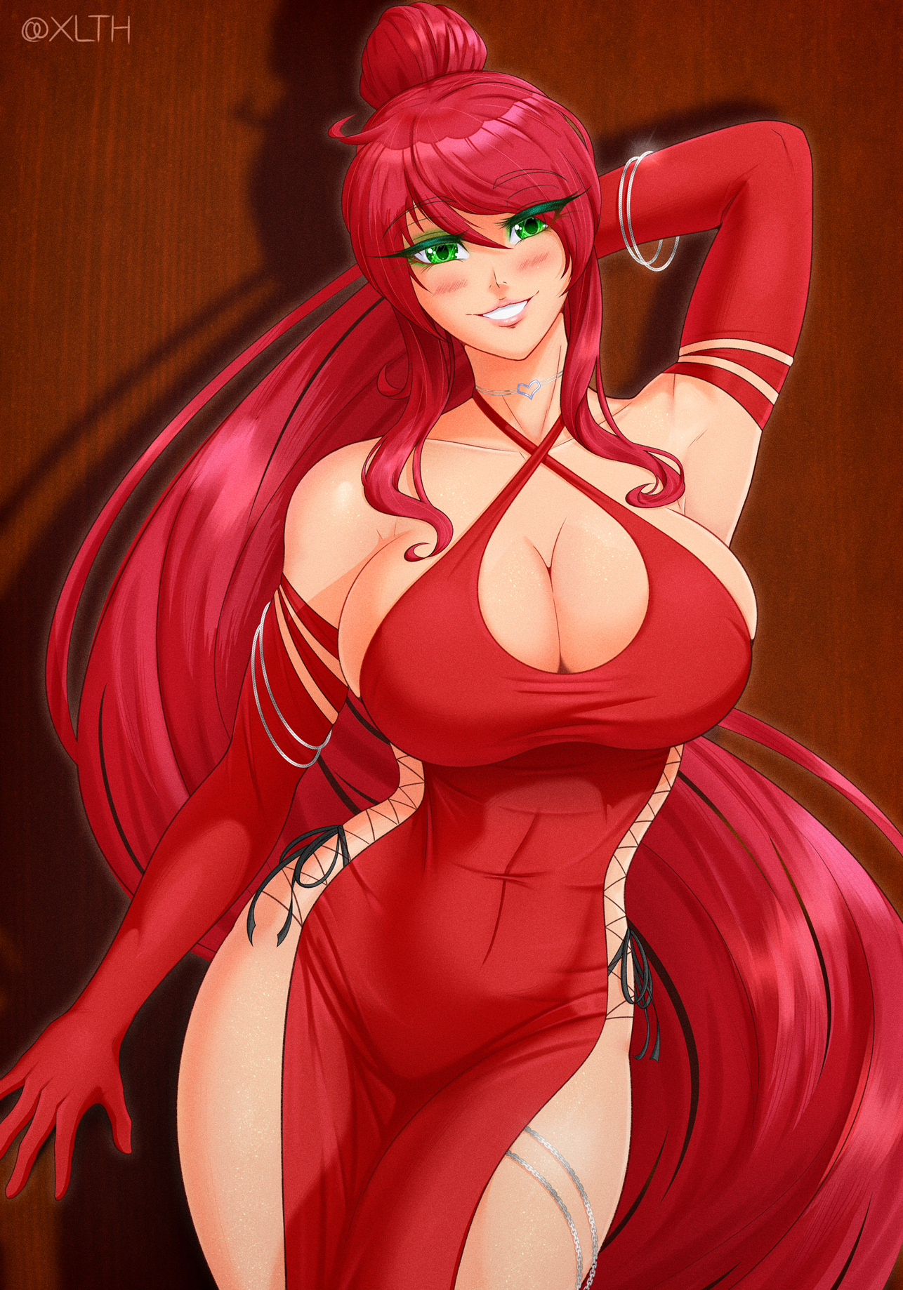 1girls, big breasts, breasts, cleavage, clothed female, dress, green eyes, long hair, long hair female, pyrrha nikos, red hair, red hair female, rwby, solo female, xlth, xlthuathopec
