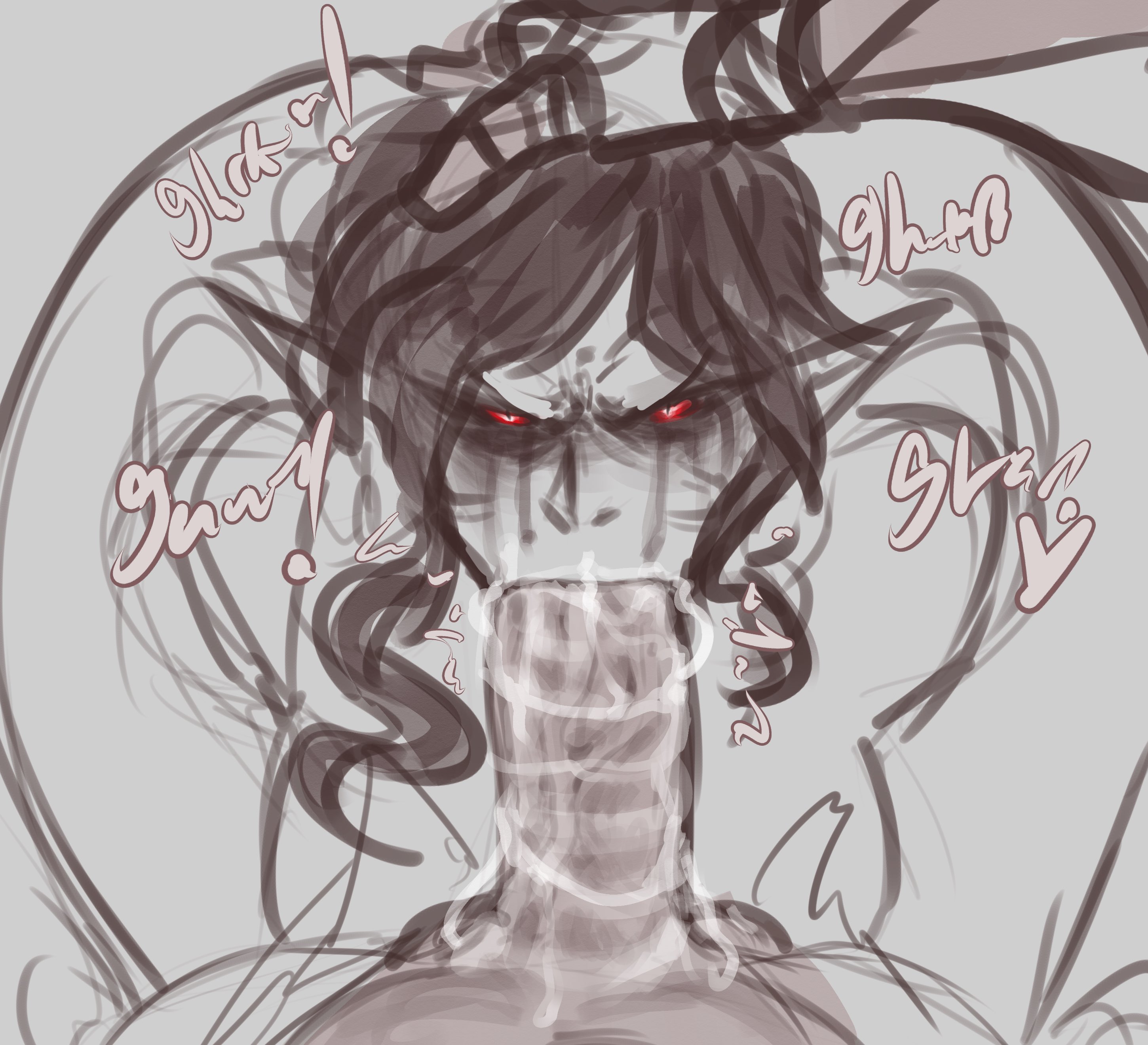 1boy, 1female, 1girls, 1male, big breasts, blowjob, earrings, ejaculation, female, fur trim, humble shark, male, mascara, pointy ears, running mascara, vampire, vampire girl, victoria von esielhower, white skin