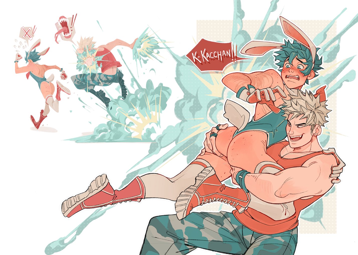 ass, ass focus, back, bakugou katsuki, blonde hair, blush, boku no hero academia, carrying, carrying person, embarrassed, freckles, green hair, izuku midoriya, katsuki bakugou, la bordeliere, male, messy hair, midoriya izuku, my hero academia, pants, running, shoes, socks, spiked hair, tight clothes, yaoi