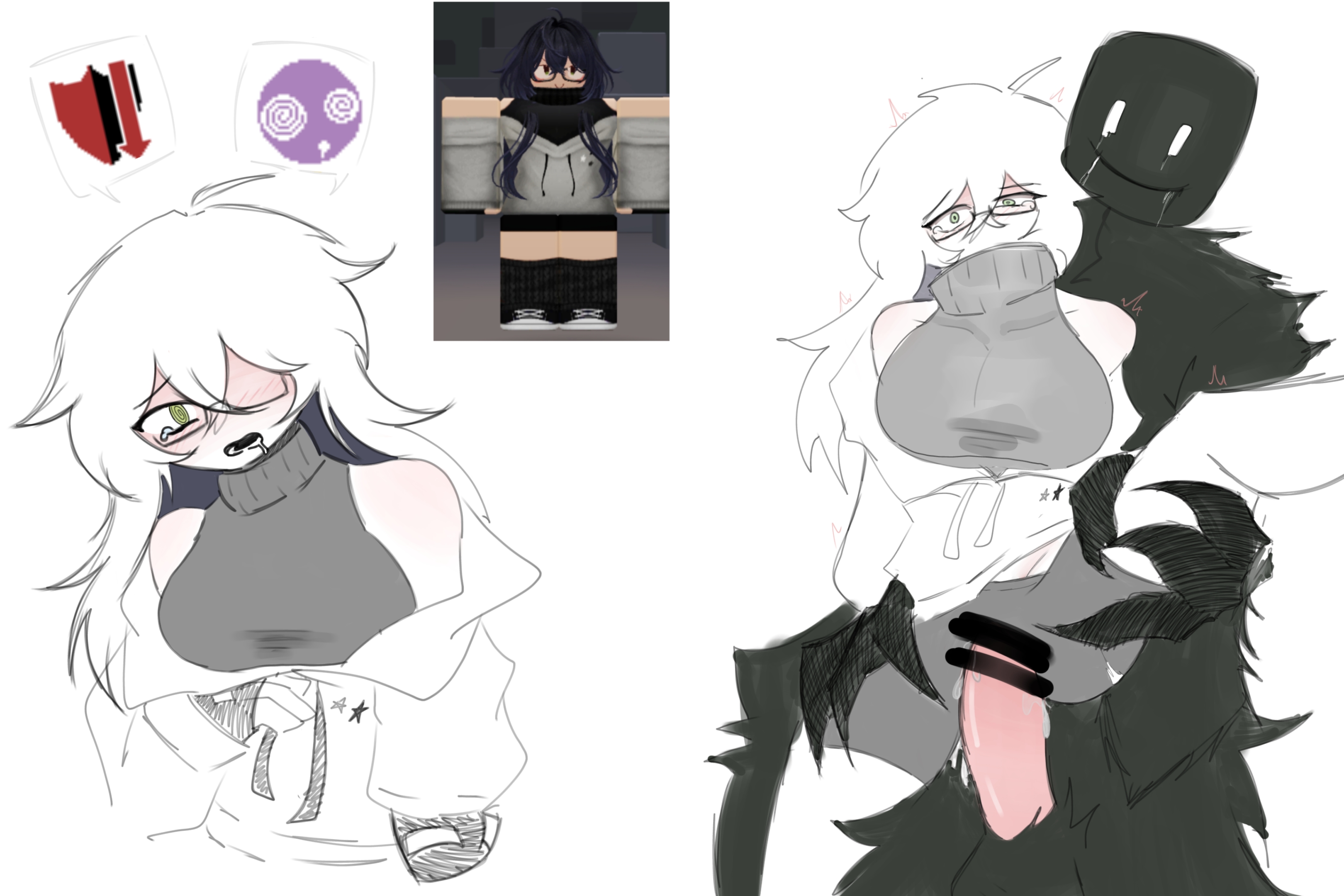 1boy, 1girls, anonymous artist, big breasts, block tales, blush lines, carrying, carrying position, censor bar, confused, confused expression, crying while penetrated, crying with eyes open, debuff, defeated, defeated female, dizzy, eyeglasses, first porn of character, game mechanics, jacket partially removed, long hair, monster, mutant, oc, original character, questionable consent, rape, raped by enemy, raped by monster, red blush, redhead, reference image, roblox, roblox avatar, roblox game, robloxian, sex from behind, spiral eyes, stand and carry position, standing sex, status effect, the mutant (block tales), without consent