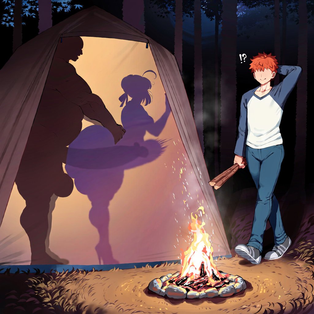 ai generated, ambiguous penetration, artoria pendragon, artoria pendragon (fate), ass, big ass, campfire, emiya shirou, fat male, fat man, fate (series), fate/grand order, fate/stay night, female, high heels, huge ass, huge butt, ishimo, male, multiple males, netorare, outline, penis, silhouette, stomach bulge, tent, thick thighs, woods
