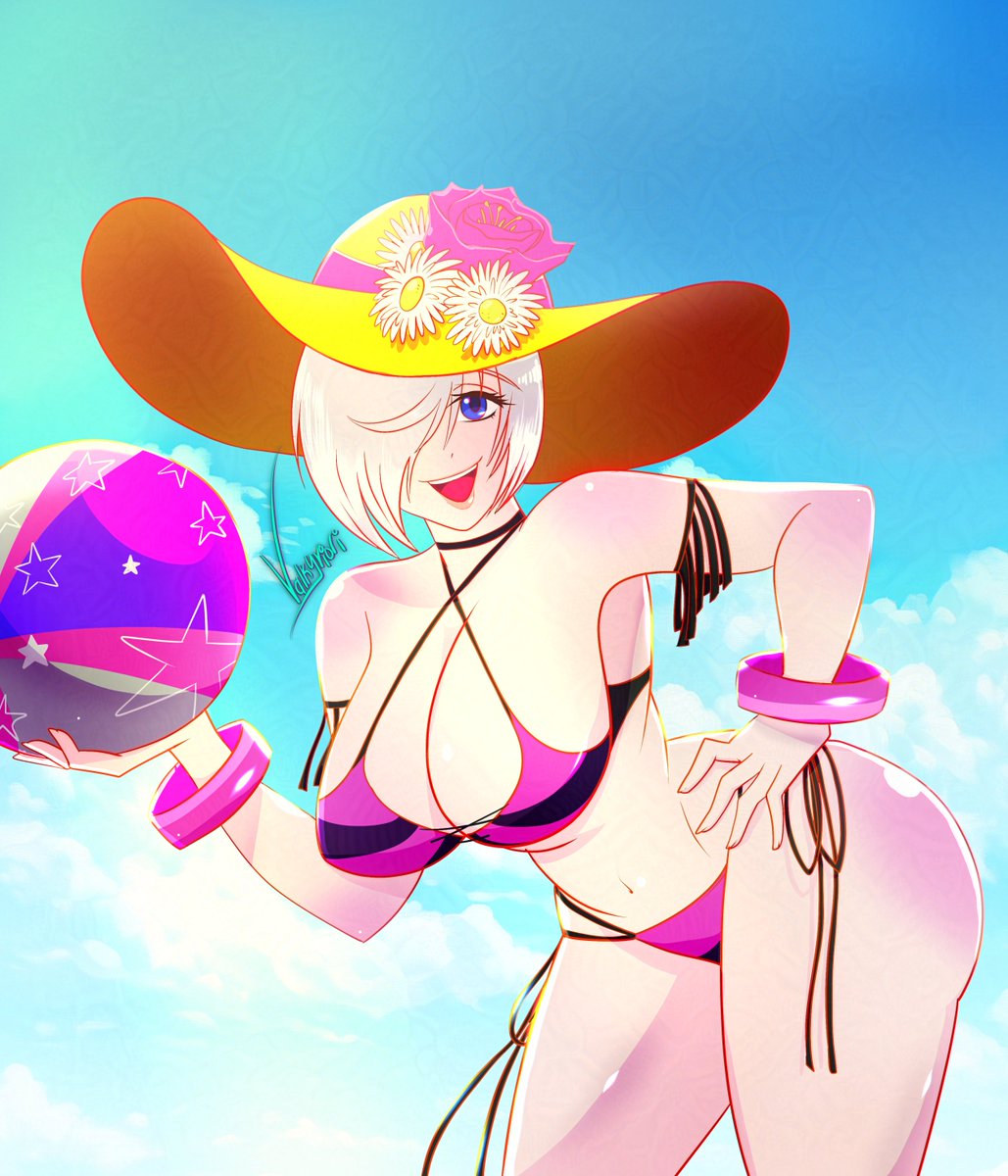 1girl angel_(kof) artist_name ball beachball big_breasts bikini blue_eyes blue_sky bracelet bracelets breasts cleavage cloud commentary day english_commentary flower hair_over_one_eye hand_on_own_hip happy hat hat_flower highres holding holding_ball holding_beachball jewelry king_of_fighters king_of_fighters_all_stars large_breasts looking_at_viewer navel official_alternate_costume outdoors short_hair side-tie_bikini_bottom side-tie_bottom sky smile snk solo straw_hat swimsuit the_king_of_fighters the_king_of_fighters_all-stars thick_thighs thighs thin_waist toned toned_female valkyriori white_hair wide_hips