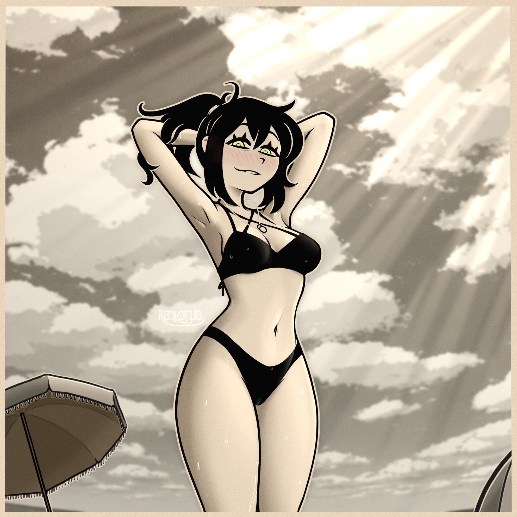 1girls, 2d, 2d (artwork), armpits, arms behind head, artist name, beach, bikini, bikini bottom, bikini top, black bikini, black hair, bottomwear, breasts, cleavage, female, female only, green eyes, hair, hips, mature, mature female, mature woman, medium breasts, milf, mother, ponytail, questionable, redlotus, renee graves, smile, solo, solo female, sunshine, swimwear, the coffin of andy and leyley, thighs, tied hair, topwear, white border