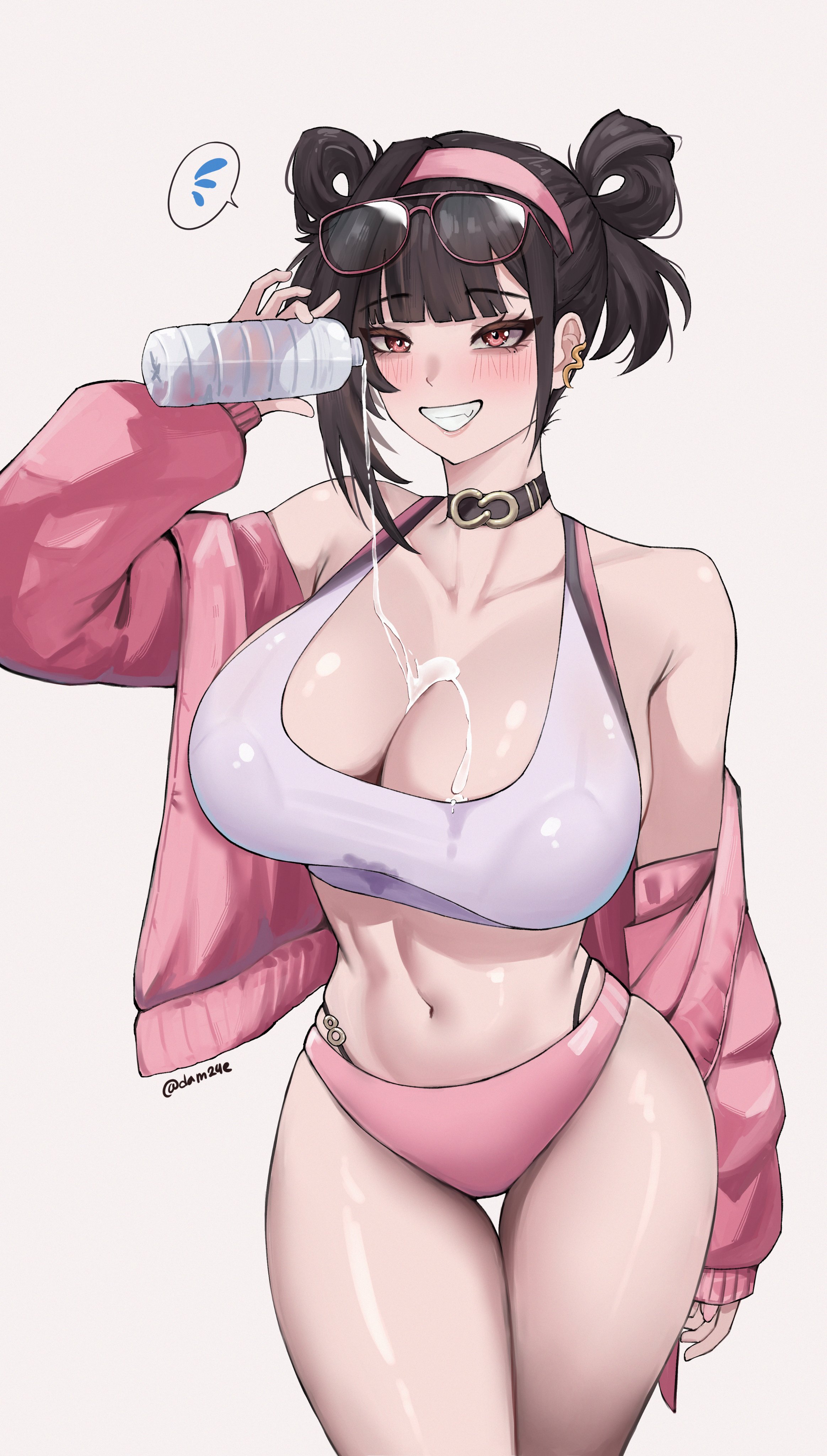 1girls, big breasts, boobs, bottle, breast focus, breasts, breasts bigger than head, choker, cleavage, crop top, eyewear on head, goddess of victory: nikke, imminent sex, oiled, pouring, provocative, red eyes, seductive, sexy, smirk, sora (nikke), sunglasses