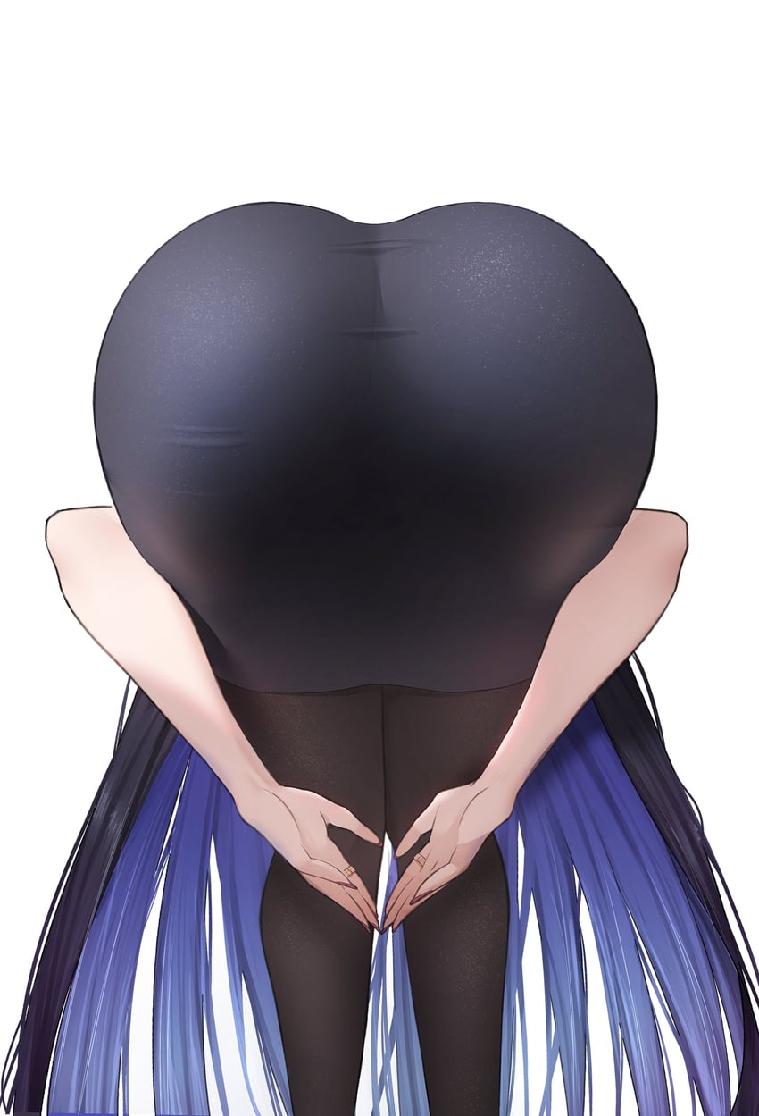 1girls, amen pose, arm around leg, ass, ass focus, bent over, black hair, blue hair, colored inner hair, female, heart butt, highres, hololive, hololive english, huge ass, kayuyag, light skin, light-skinned female, long hair, multicolored hair, nerissa ravencroft, nerissa ravencroft (casual), presenting, presenting ass, simple background, solo, two-tone hair, very long hair, virtual youtuber, white background