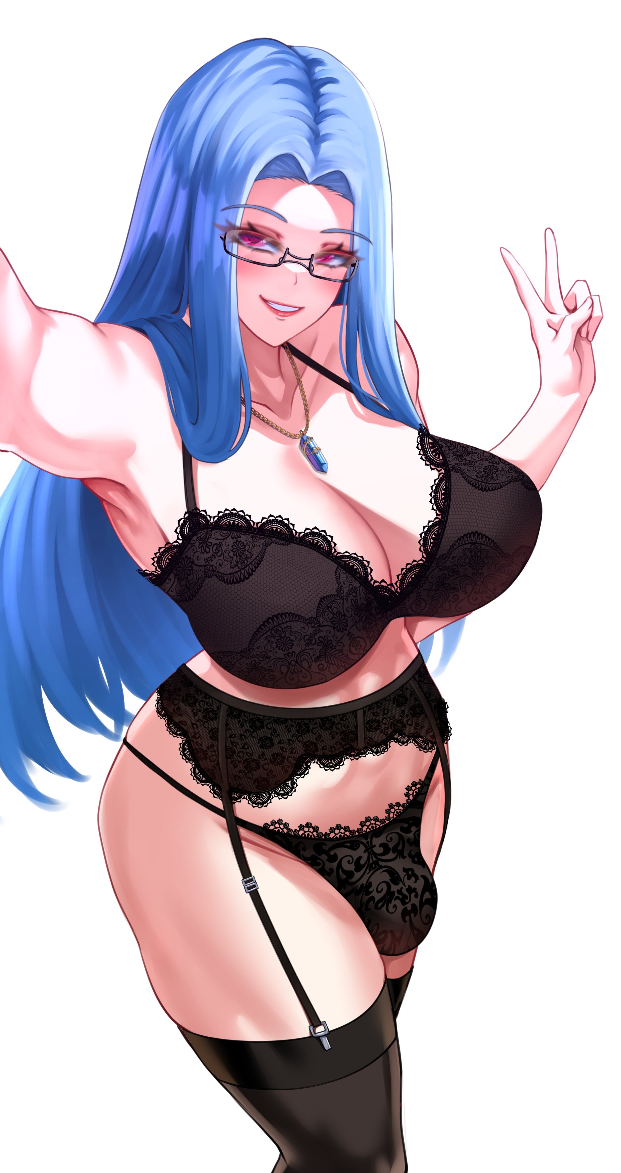 1futa, absurd res, absurdres, arm up, black bra, black legwear, black panties, blue hair, blush, bra, breasts, bulge, futa only, futanari, garter belt, glasses, hi res, highres, jewelry, karma3009, large breasts, long hair, looking at viewer, necklace, original, outstretched arm, pink eyes, selfie, simple background, smile, solo, thighhighs, underwear, v, white background