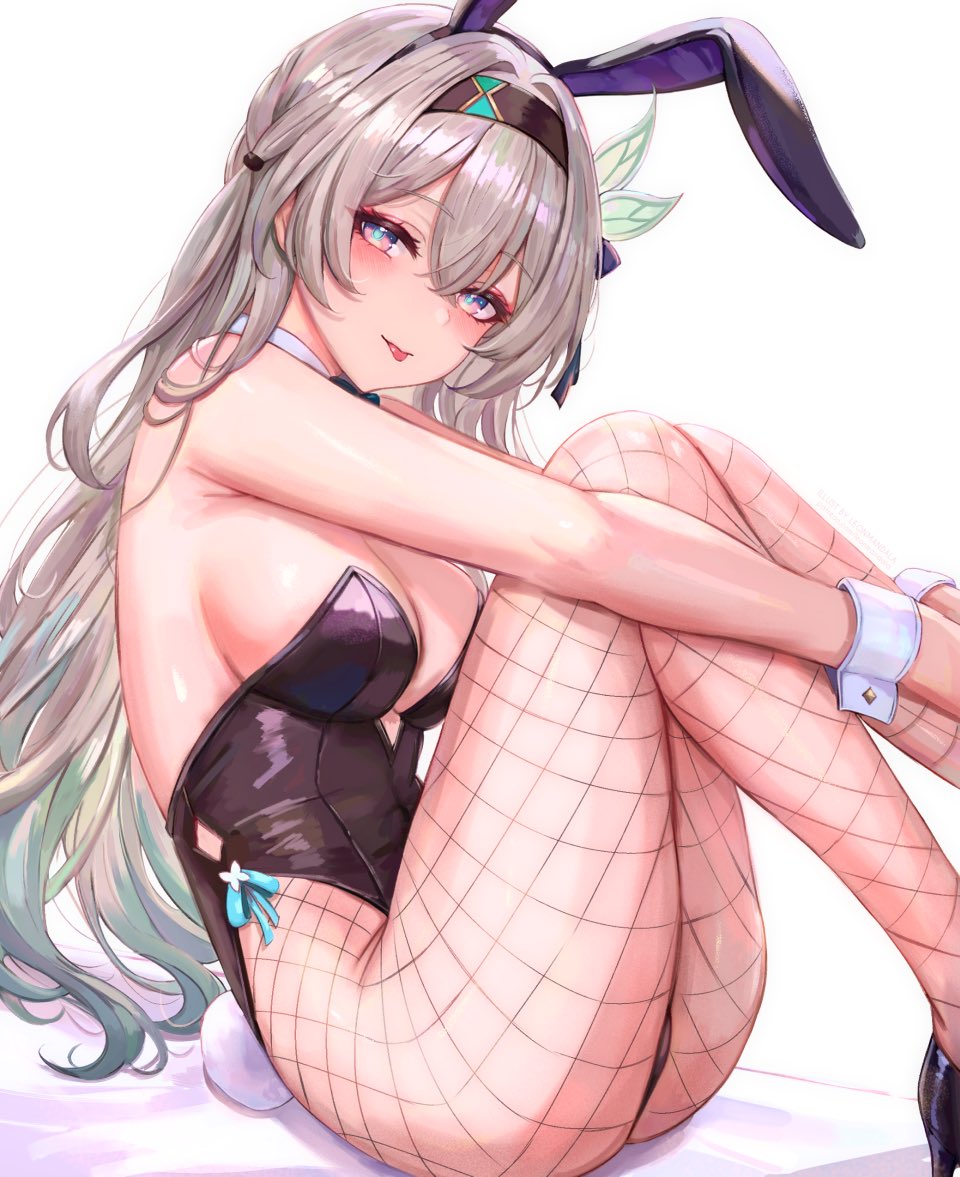 1girls, black bunny ears, black bunnysuit, breasts, bunny ears, bunnysuit, exposed breasts, female, firefly (honkai: star rail), honkai (series), honkai: star rail, hoyoverse, leonmandala, mihoyo, multicolored eyes, multicolored hair