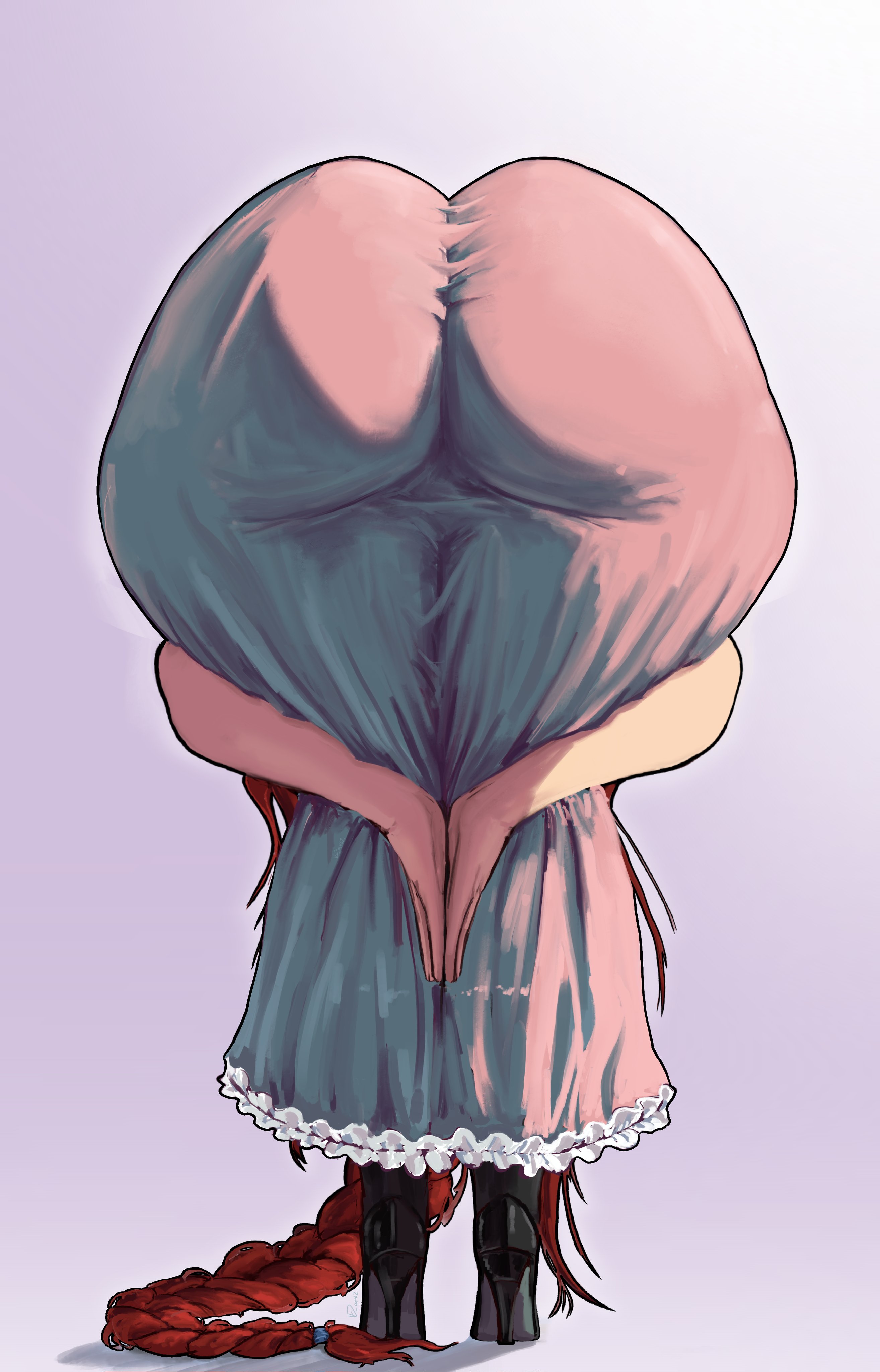 1girl, ass, bent over, black footwear, braid, female, female only, from behind, hands together, high heels, huge ass, marianne (ved art2), oc, original, praise da booty (meme), red hair, solo, thick ass, thick thighs, ved art2, very long hair, white dress