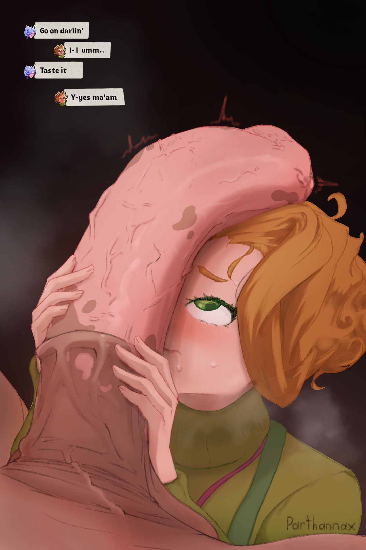 1futa, 1girl, animal penis, blush, celeste (deadlock), clothes, cock worship, deadlock, dialogue, drool, english text, futa, futa on female, futanari, green eyes, holding penis, horsecock, imminent blowjob, large penis, legs apart, looking at penis, mindbreak, nervous, orange hair, out of frame, paige (deadlock), parthannax, penis, penis awe, penis on face, short hair, simple background, sniffing, steam, sweat, sweater, thick penis, uncensored, valve, veins, veiny penis