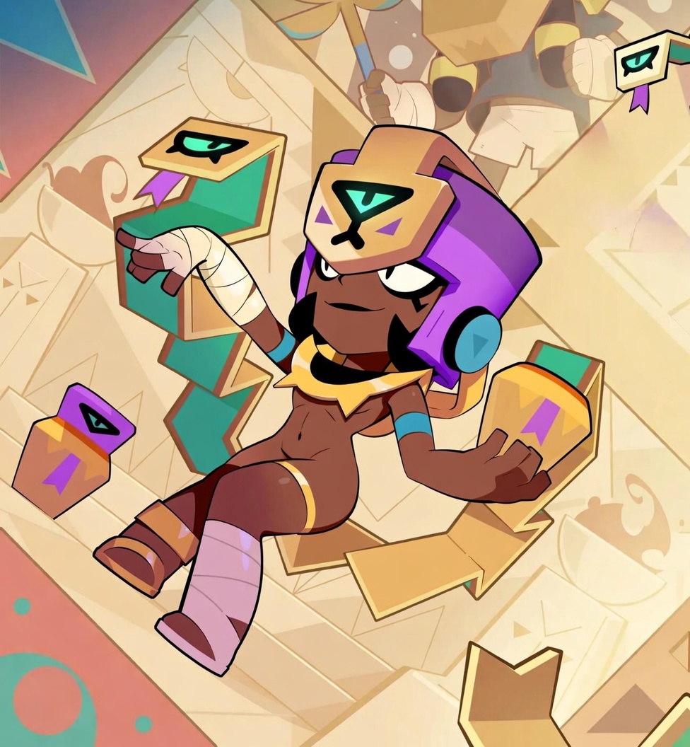 ai assisted, ai edit, bandages, black hair, brawl stars, covered nipples, covered pussy, dark skin, detailed background, edit, egyptian, headwear, holding object, najia (brawl stars), official art, partially clothed