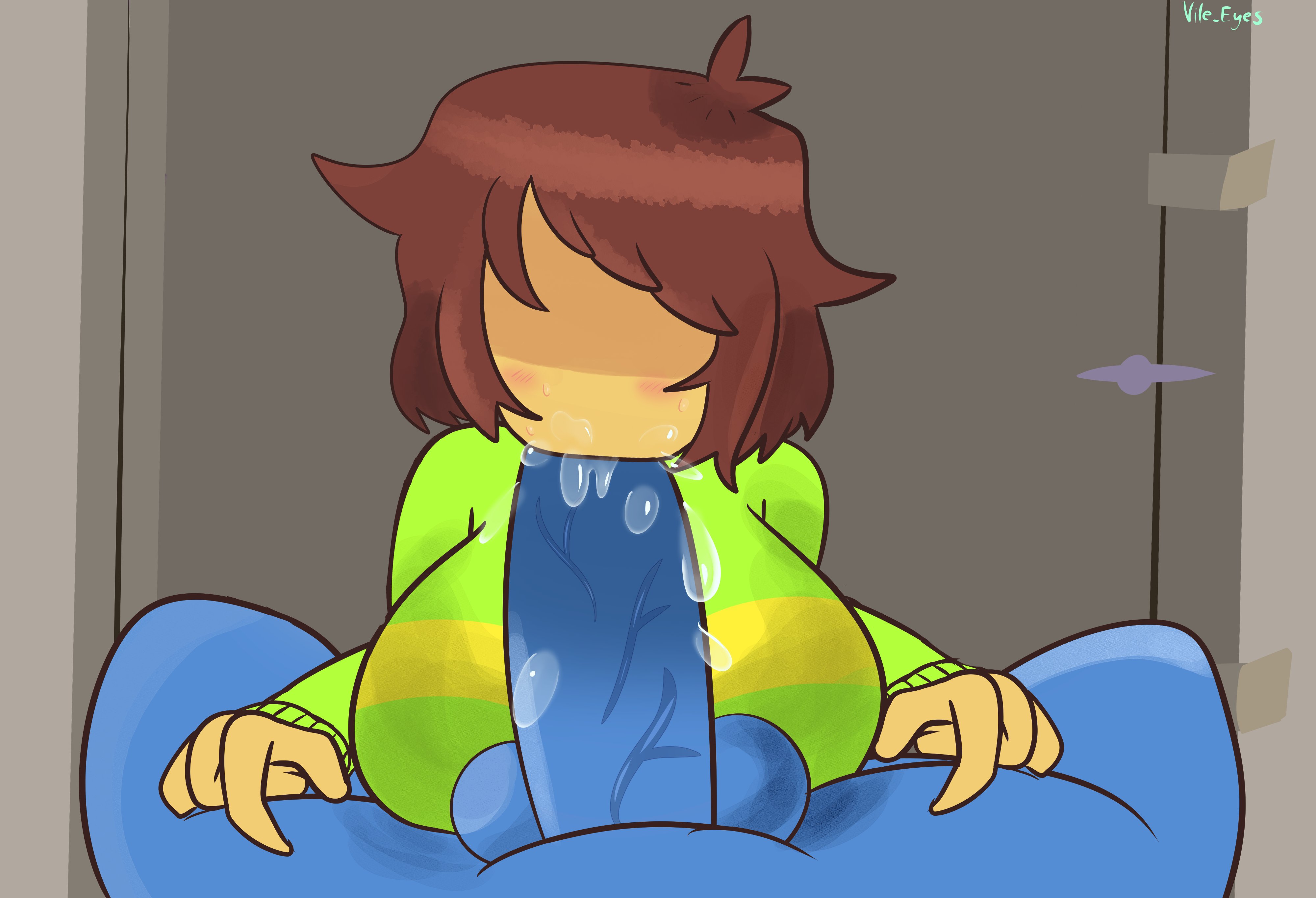 1boy, 1girl, 1nonbinary, anthro on human, berdly, blowjob, blowjob face, blowjob pov, brown hair, clothed female nude male, deltarune, kris (deltarune), kris female (deltarune), pov male, vile eyes