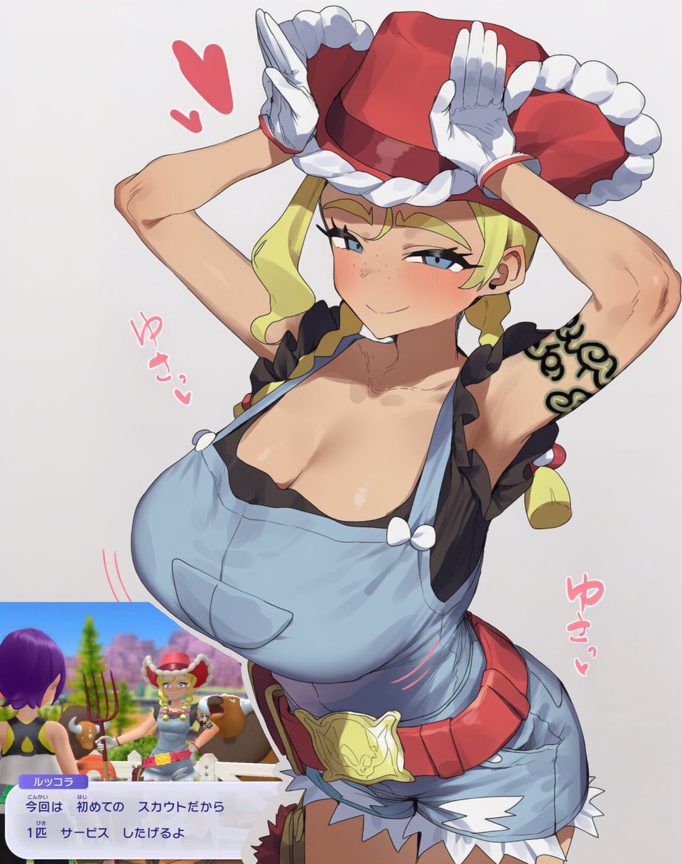 1girls, ai generated, arm tattoo, belt, big breasts, blonde hair, blush, braid, breasts, cleavage, denim, farmer, female, female only, gloves, hat, huge breasts, kitt (pokemon), large breasts, long hair, nintendo, overalls, pokemon, pokemon champions, red hat, rucola (pokemon), sakubanosub, tagme, tattoo, white gloves