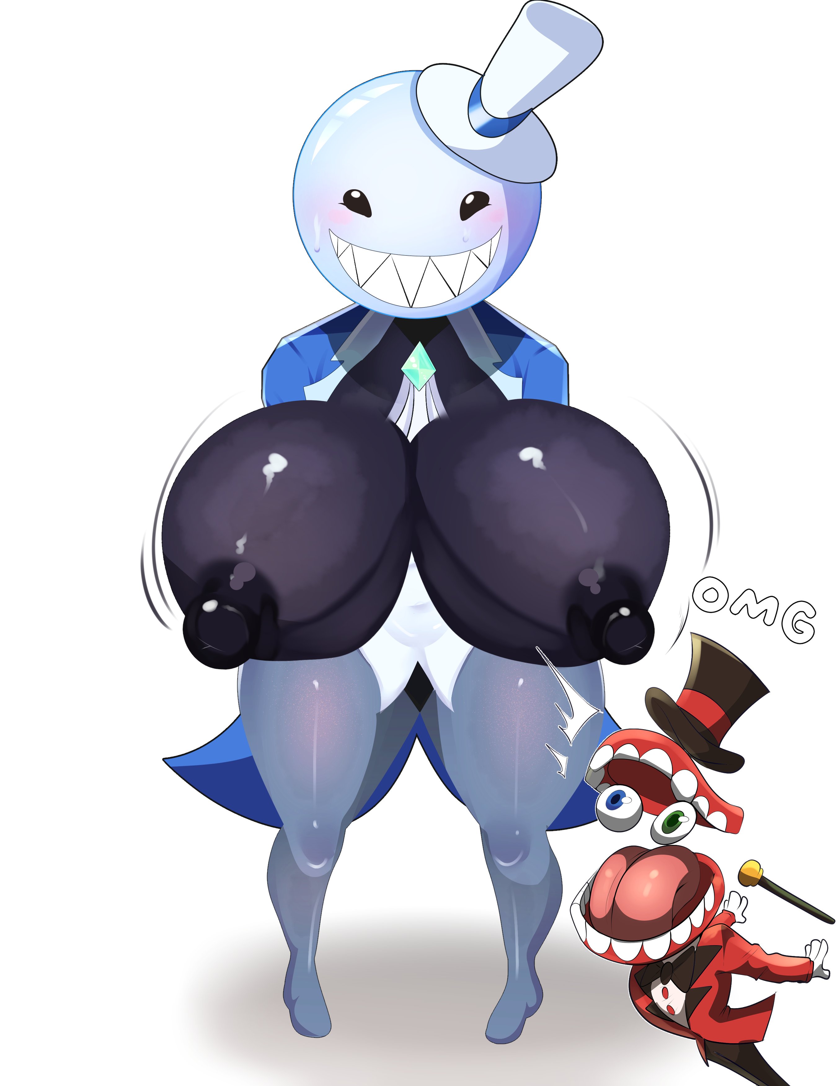1boy, 1girls, big breasts, blush, breasts, bubble (the amazing digital circus), caine (the amazing digital circus), english text, glitch productions, hat, kungkimori, looking at viewer, nipples, ringmaster bubble, rule 63, sharp teeth, smile, standing, text, the amazing digital circus, thick thighs, white background