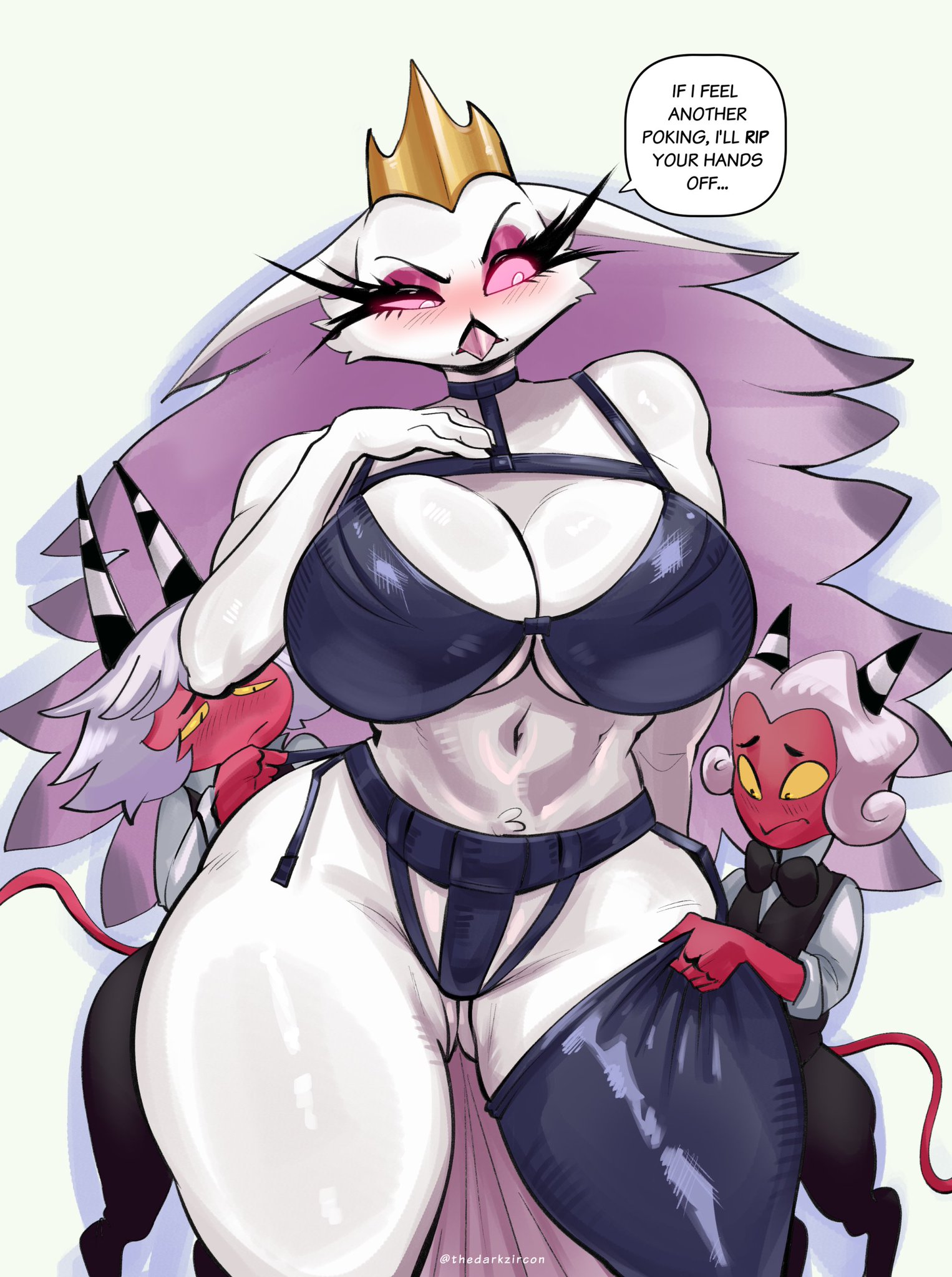1girls, 2026, 2boys, adult, adult female, anthro, anthro female, avian, avian demon, avian humanoid, beak, big breasts, big thighs, bird, bird girl, blush, blushing, bra, breasts, butler, clothed, clothing, crown, demon, demon boy, demon girl, demon horns, demon humanoid, demon tail, embarrassed, embarrassed male, english, english text, feather hair, feathers, female, female anthro, furry, hair, helluva boss, hi res, hips, horn, horns, huge breasts, huge thighs, humanoid, imp, larger female, latex, latex clothing, latex legwear, latex stockings, latex underwear, long hair, looking at another, male, mature, mature female, milf, mommy, mother, mythological avian, mythological creature, mythology, non-mammal breasts, owl, owl demon, owl girl, panties, pink sclera, putting clothes on, putting on clothes, red body, red skin, short hair, simple background, size difference, smaller male, speech bubble, stella (helluva boss), stockings, tail, text, text bubble, thedarkzircon, thick, thick hips, thick legs, thick thighs, thighhighs, thighs, tight clothes, tight clothing, vivienne medrano, vivziepop, voluptuous, voluptuous female, white body, white feathers, white hair, wide hips, yellow sclera