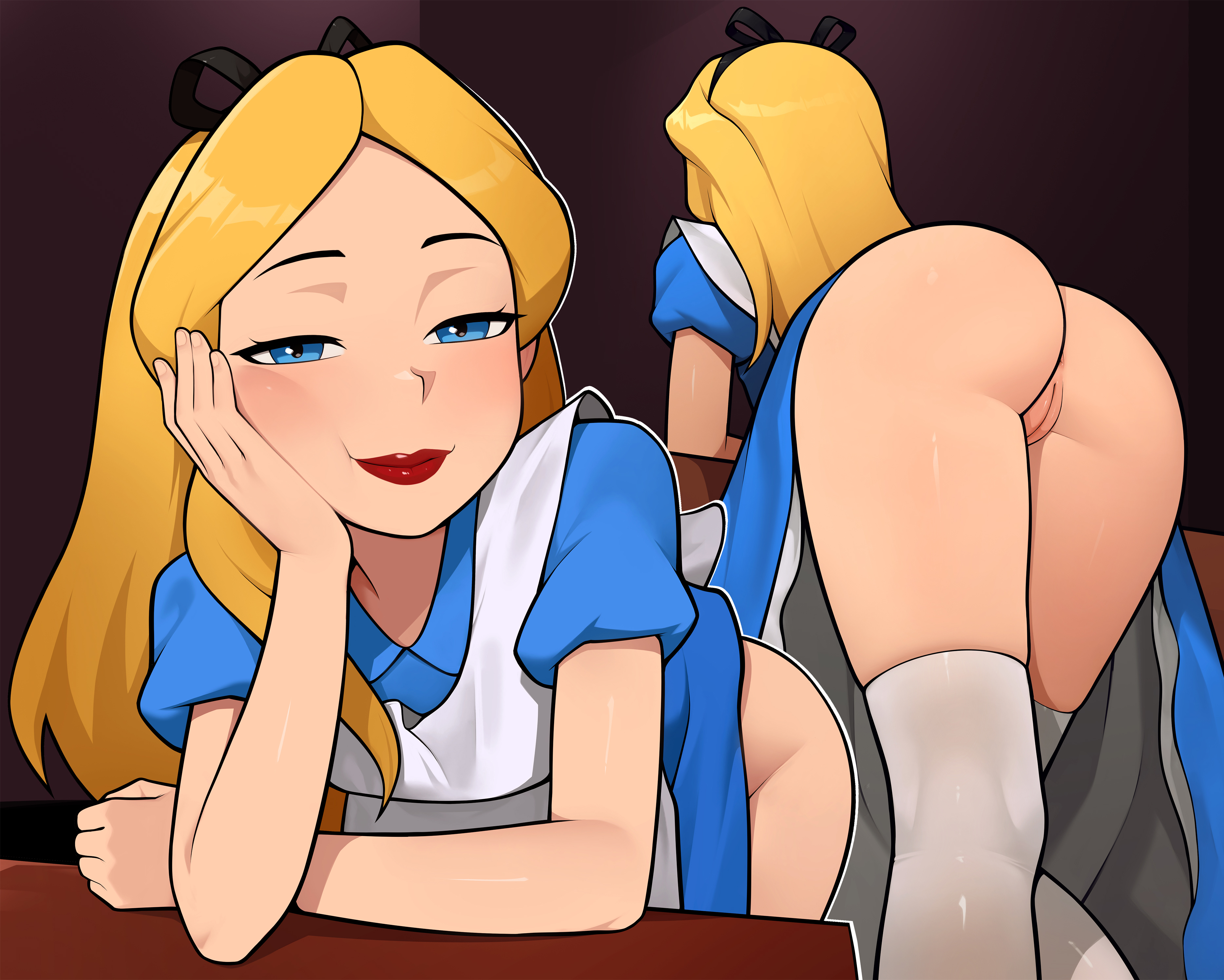 2d, alice (disney), alice in wonderland, alice in wonderland (1951 film), alice liddell, ass, bedroom eyes, blonde hair, bubble butt, dress, dress lift, female, female focus, female only, going commando, hand on cheek, hand on own cheek, legwear, lipstick, long hair, loodncrood, makeup, mtu virus, no panties, red lipstick, tagme, wide hips