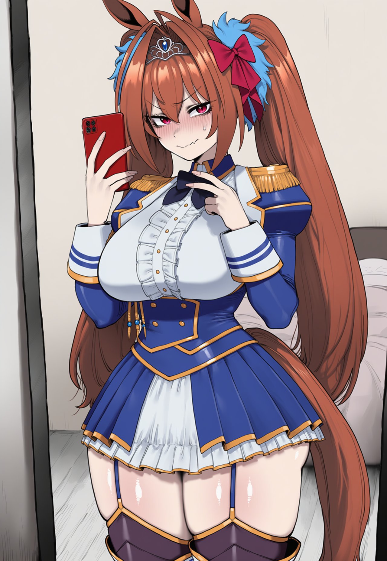 1girls, ai generated, blush, breasts, cellphone, daiwa scarlet (peak blue) (umamusume), daiwa scarlet (umamusume), dress, embarrassed, female, hips, horse, horse ears, horse girl, horse tail, huge breasts, light skin, light-skinned female, long hair, oerba yun fang, selfpic, sweat, sweatdrop, thick thighs, thighs, tiara, tracen school uniform, truck kun, truck-kun art, tsundere, twin tails, umamusume, umamusume pretty derby, uniform, wide hips