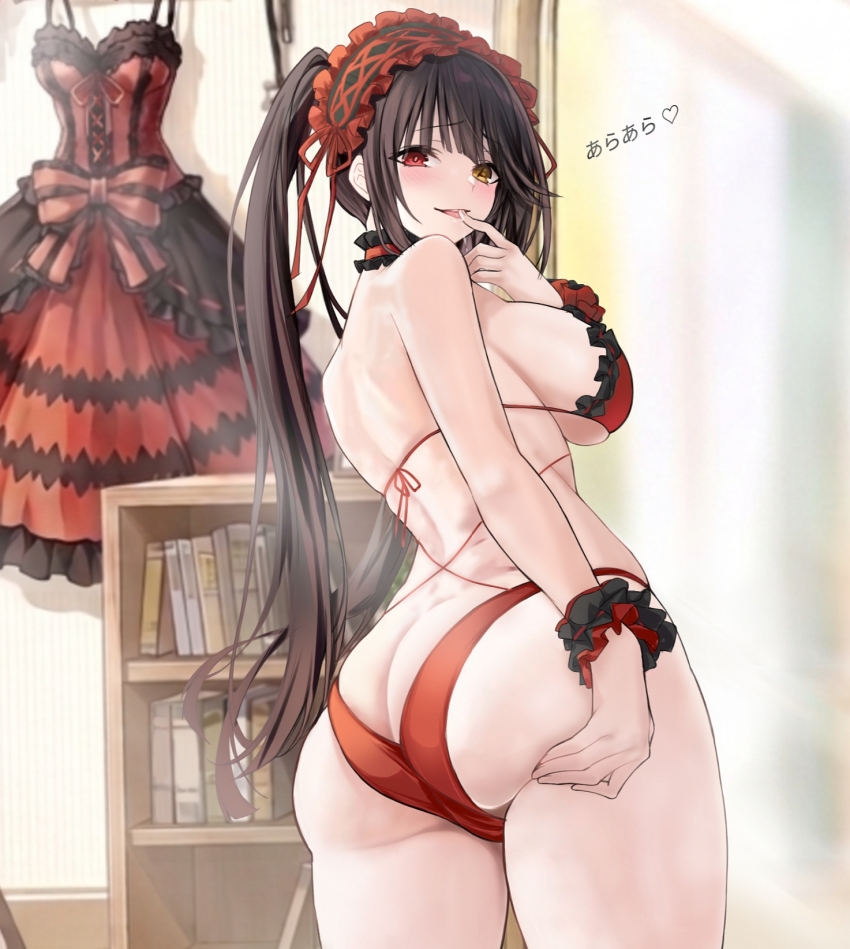 1girls, ass, ass crack, ass focus, azur lane, back, big breasts, bikini, black hair, blush, book, bookshelf, breasts, butt, butt crack, butt focus, clock eyes, commentary request, date a live, dress, female, female focus, female only, finger on lip, from behind, hand on ass, heterochromia, highres, large breasts, light-skinned female, long hair, official alternate costume, red bikini, red dress, red eyes, red hair, red underwear, saint laurent paris, scrunchie, sole female, solo, swimsuit, symbol-shaped pupils, thighs, tokisaki kurumi, tokisaki kurumi (twin rose), twintails, unusual eyes, unworn dress, very long hair, wrist scrunchie, yellow eyes
