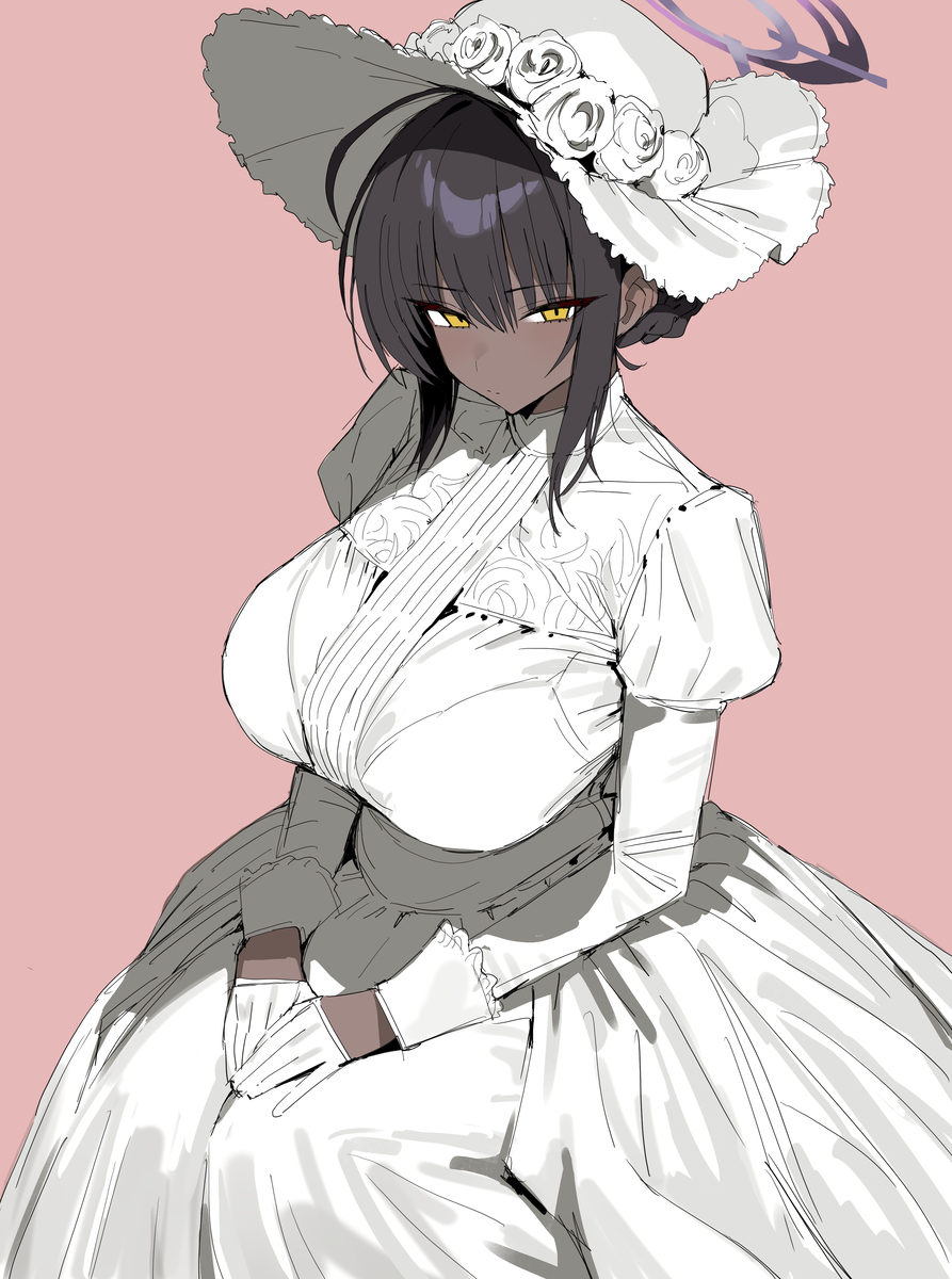 2d, 2d (artwork), alternate costume, arms up, bare shoulders, black hair, blue archive, bracelet, breasts, cleavage, collar, dark skin, dark-skinned female, dress, female, flower, gloves, hair ornament, halo, highres, jewelry, karin (blue archive), large breasts, long hair, looking at viewer, millennium science school student, multicolored hair, night, open mouth, pink background, purple hair, sideboob, simple background, sky, solo, sparkle, two-tone hair, white dress, xipa, yellow eyes