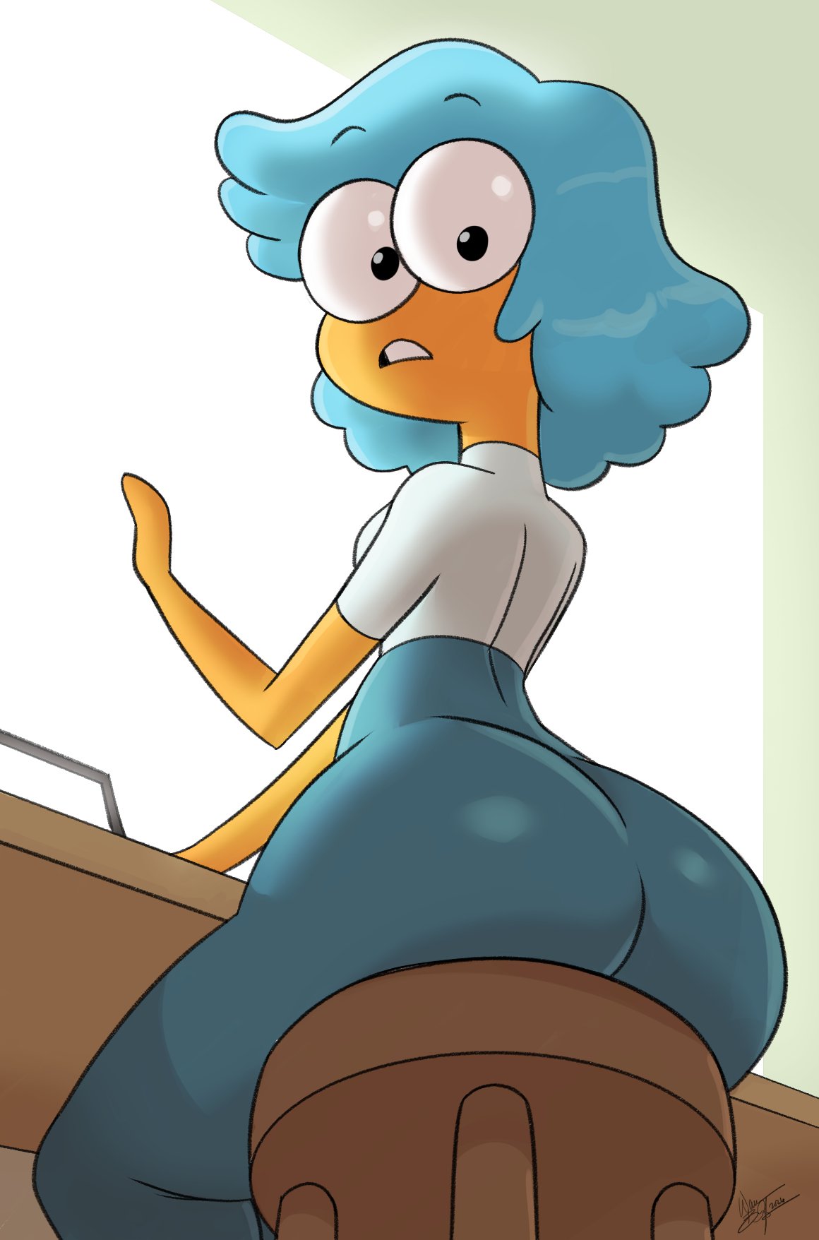1girls, aeolus06, ass, background character, black eyes, blue hair, breasts, flight attendant (the amazing world of gumball), hourglass figure, huge ass, looking at viewer, looking back, orange body, shirt, short hair, sitting, slim waist, tagme, the amazing world of gumball, thick thighs, viewed from behind, viewed from below, wide hips