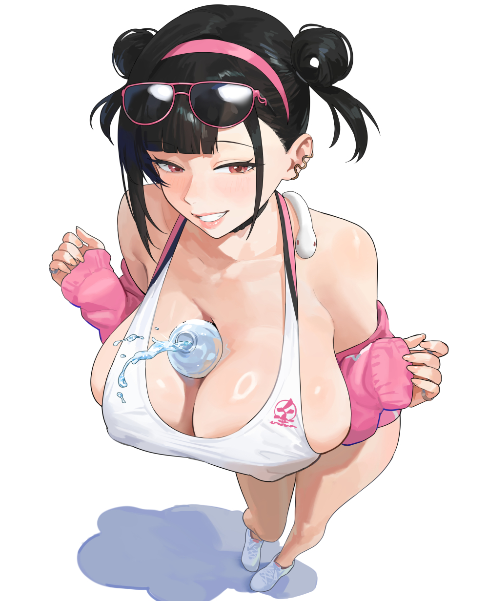 1girls, between breasts, big breasts, boobs, bottle, breast focus, breasts, breasts bigger than head, choker, cleavage, crop top, eyewear on head, goddess of victory: nikke, holding object between breasts, nhaliz, nipple bulge, overflowing breasts, plump lips, provocative, red eyes, seductive, sexy, smirk, sora (nikke), sunglasses