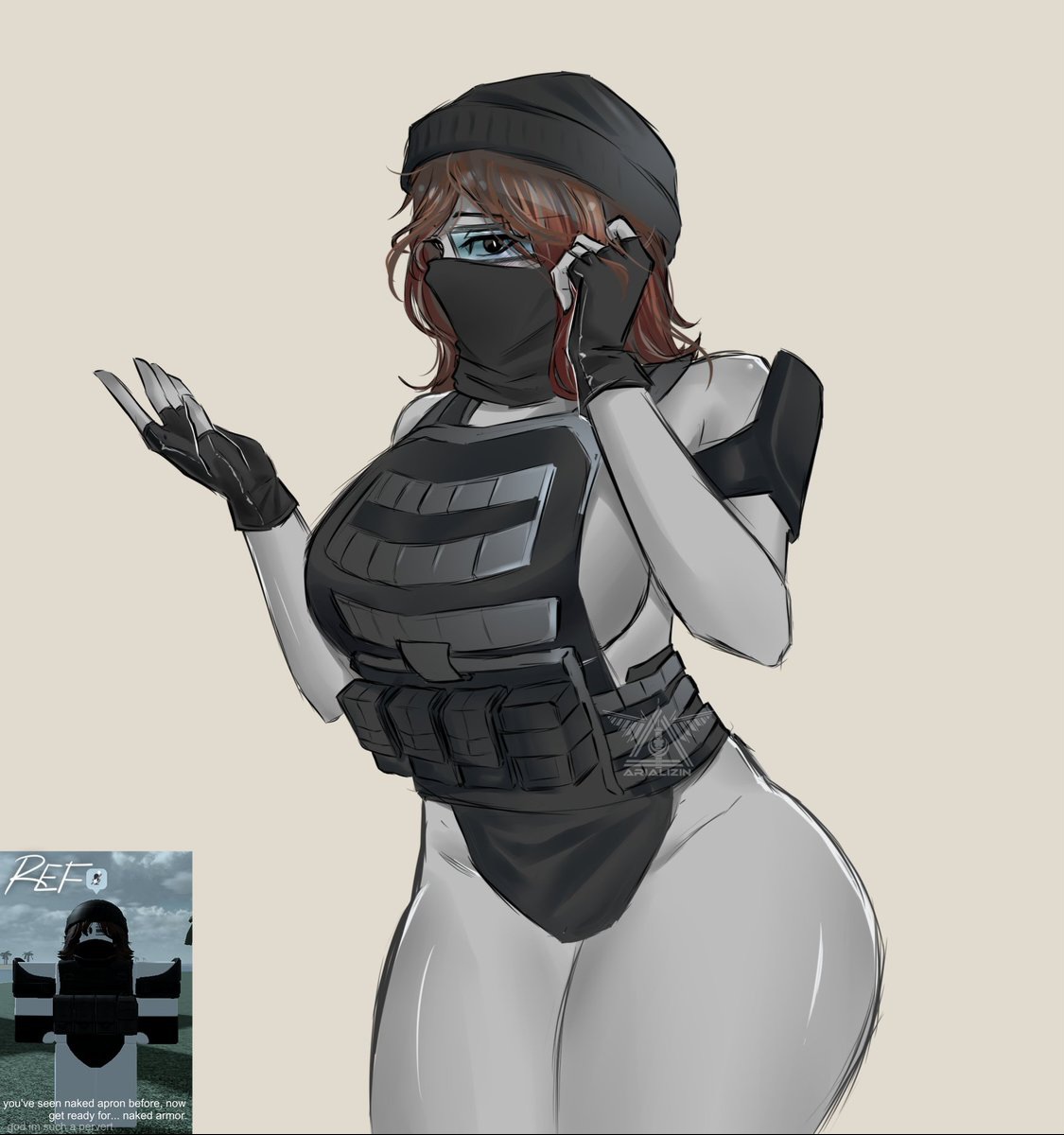 1girls, aria lizin, armor, breasts, dummies vs noobs, dummy (roblox), gloves, reference image, roblox, roblox game, robloxian, specialist 2 (dummies vs noobs), standing, tactical gear, tactical nudity, tagme, thighs, vest