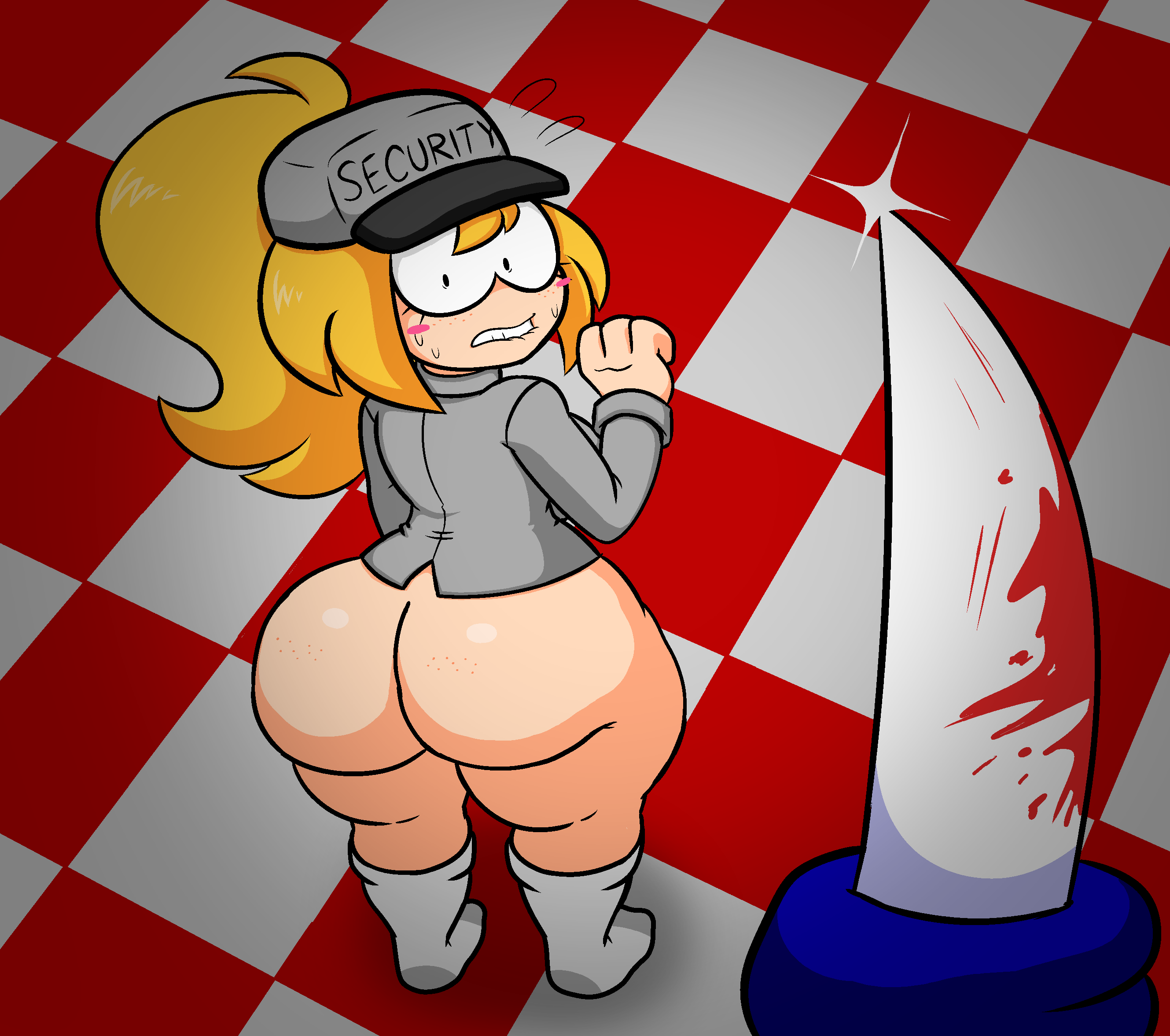 1boy, 1girls, 2026, accurate art style, alternate version available, animatronic, ass, ass bigger than head, back view, bangs, bare ass, bear, bear5, big ass, big breasts, bird's-eye view, biting lip, biting own lip, black eyes, blonde hair, blood stain, bloody knife, blush, blush stickers, blushing, bottom heavy, bottomless, breasts, bubble ass, bubble butt, cap, checkered floor, duo, eyelashes, female, female human, five nights at freddy's, five nights at frickbears, five nights at frickbears 3, freckles, freckles on ass, from behind, ftrashpickle, full body, fuzzycapsule08, grey shirt, hat, headwear, holding knife, holding object, holding weapon, huge ass, huge breasts, human, human female, humanoid penis, imminent death, imminent sex, knife, large ass, large breasts, light skin, light-skinned female, looking back, male, male out of frame, mammal, nervous, nervous sweat, out of frame, out of frame male, ponytail, robot, shine, shiny ass, shiny butt, shiny hair, shiny skin, shirt, shocked, shocked expression, socks, sparkle, standing, sweat, sweatdrop, sweating, thick ass, thick thighs, thighs, tied hair, topwear, vanessa, vanessa (fnaf), vanessa shelley (frickbears), weapon, white socks, wide eyed, wide hips