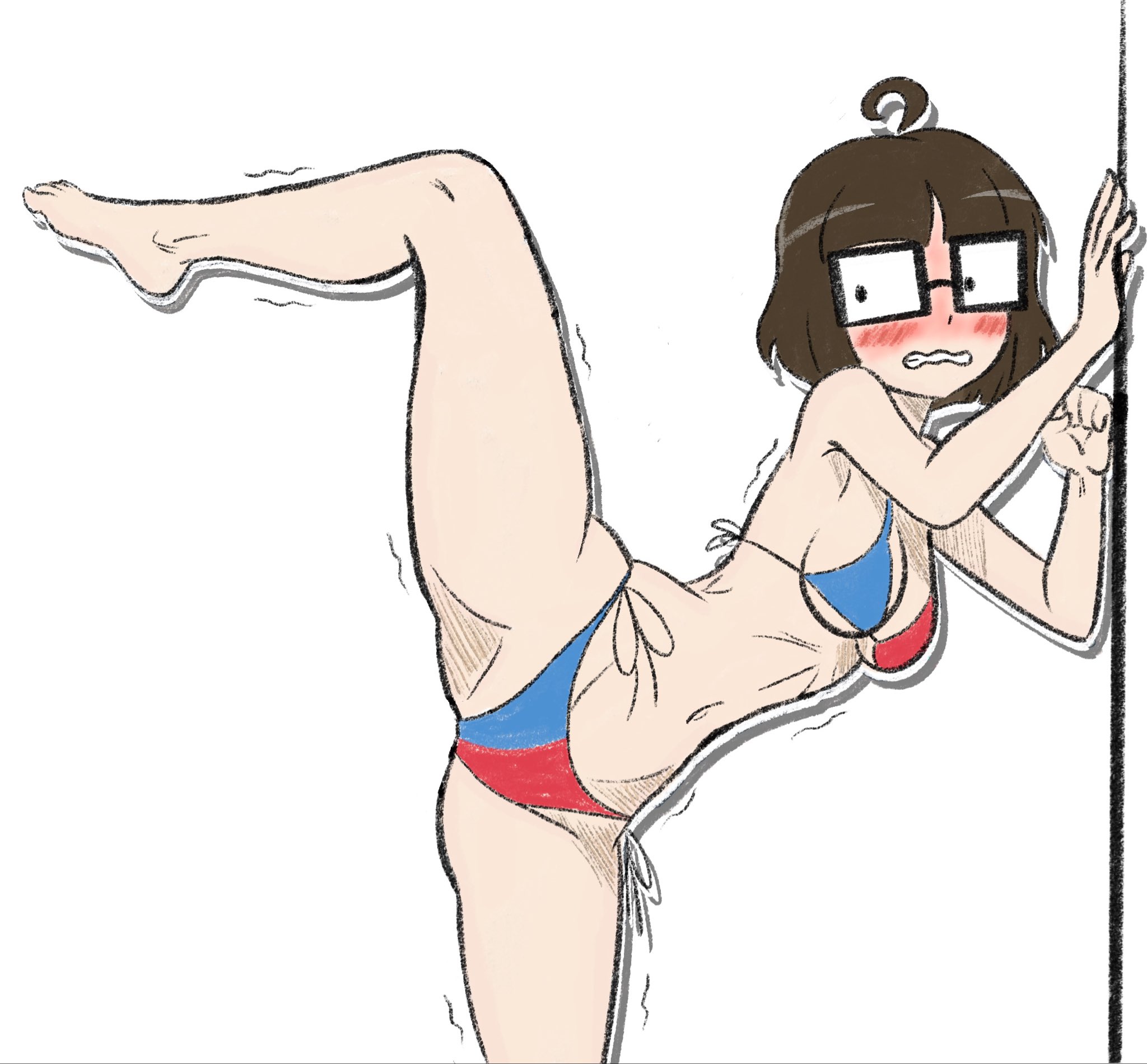 , 1girls, against wall, battycreator, blush, brown hair, color, ethicalgooner2007 (kryptraider), female, female focus, female only, glasses, human, human only, internet controversy, light skin, one leg up, original, simple background, trembling, twitter, twitter link, white background, yoga