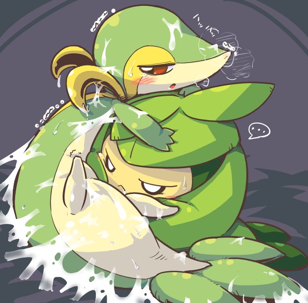 ambiguous_gender blush couple crepix cum cum_covered green panting pokemon pokemon_(species) pokemon_bw red_eyes snivy squishy swadloon sweat