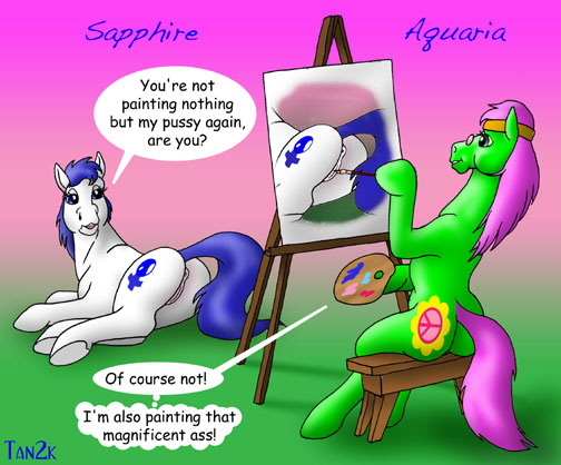 anus aquaria_(oc) ass dialogue english_text equine female horse my_little_pony on_side painting pony pussy sapphire_(oc) sitting smooth_skin tail tanamin text thinking