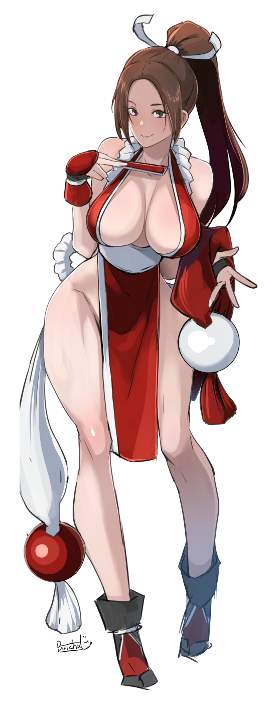 1girl, bare legs, bare shoulders, big breasts, black boots, boots, breasts, brown eyes, brown hair, butcha-u, cleavage, closed mouth, collarbone, commentary request, fan, fatal fury, folded fan, folding fan, full body, hand fan, high ponytail, highres, holding, holding fan, king of fighters, kunoichi, large breasts, long hair, long legs, mai shiranui, ninja, no bra, pelvic curtain, ponytail, revealing clothes, rope, sideless outfit, smile, smirk, snk, solo, standing, the king of fighters, thighs, white background