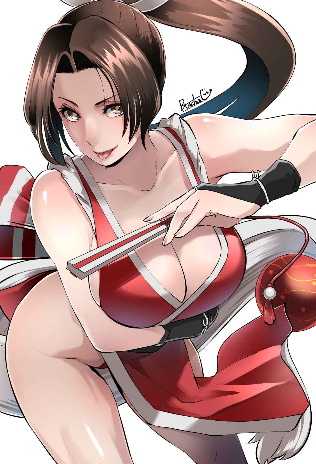 1girl, arm guards, arm under breasts, bare shoulders, big breasts, blush, breasts, brown eyes, brown hair, butcha-u, cleavage, collarbone, commentary request, fan, fatal fury, folded fan, folding fan, hand fan, high ponytail, highres, holding, holding fan, japanese clothes, king of fighters, kunoichi, large breasts, long hair, looking at viewer, mai shiranui, ninja, pelvic curtain, ponytail, revealing clothes, rope, sideboob, sideless outfit, smile, snk, solo, the king of fighters, thighs, wrist guards