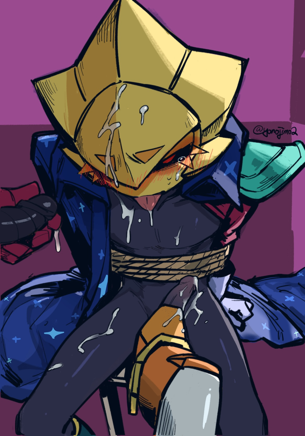 artist name, bdsm, black skin, blushing, boot, brawl stars, cape, chair, color, cum, cum drip, cum on body, cum on face, cum on tongue, cum outside, glove, headwear, holding penis, larry (brawl stars), lawrie (brawl stars), male, male only, male/male, mask, masked male, patreon username, red eyes, ripped pants, robot boy, robot penis, rope, shame, sirius (brawl stars), star, stepped on, stepping on penis, sweat, tear, threesome, tied up, tongue out, yaoi, yonojimo
