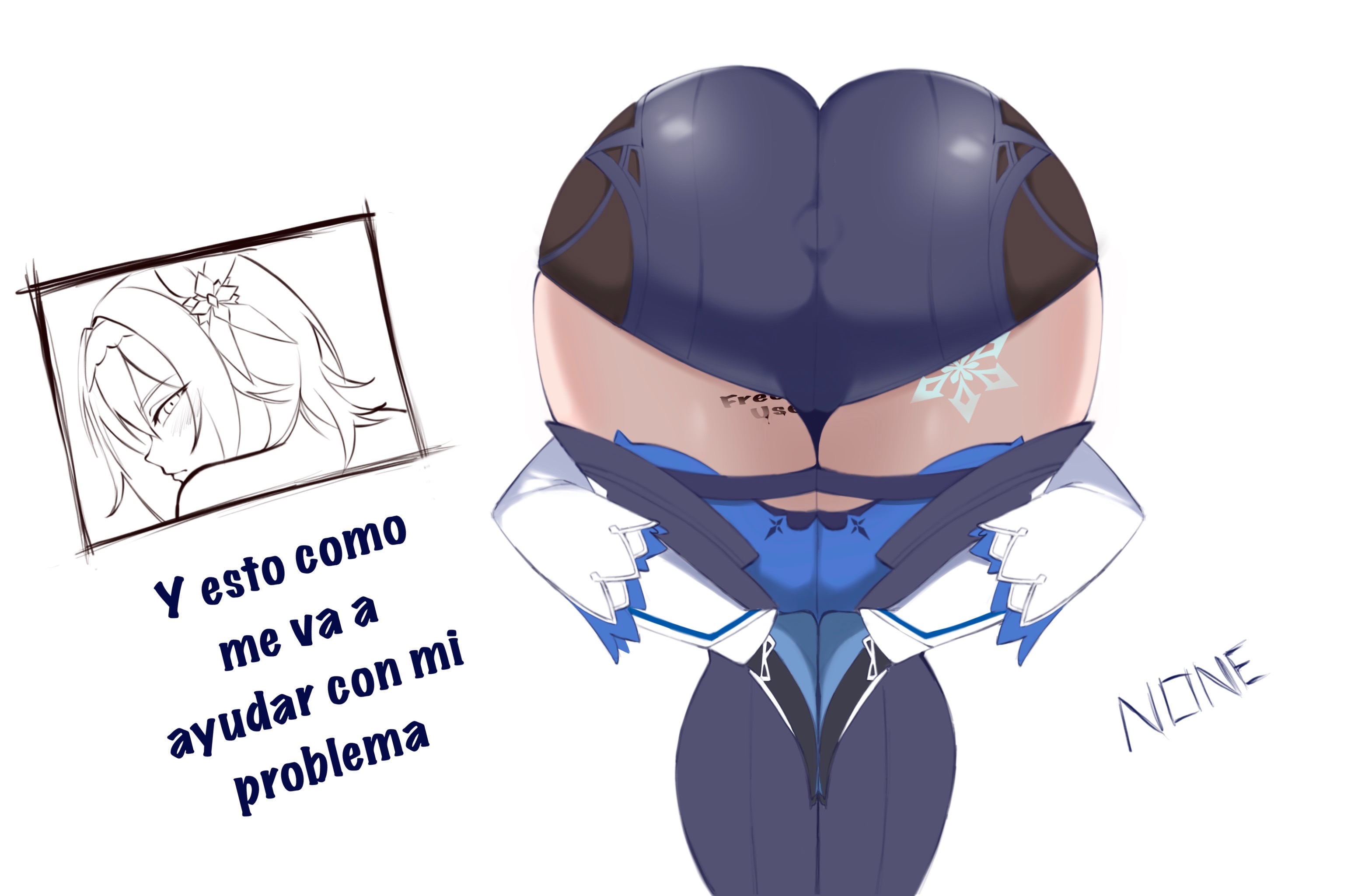 anus, ass, ass focus, big ass, blue hair, blush, blushing, blushing at viewer, butt, butt focus, cryo symbol (genshin impact), eula (genshin impact), genshin impact, heart butt, hoyoverse, looking at viewer, looking back, md doubled, meme, plug (sex toy), praise da booty (meme), shorts, spanish text, spanish text1girls, trend