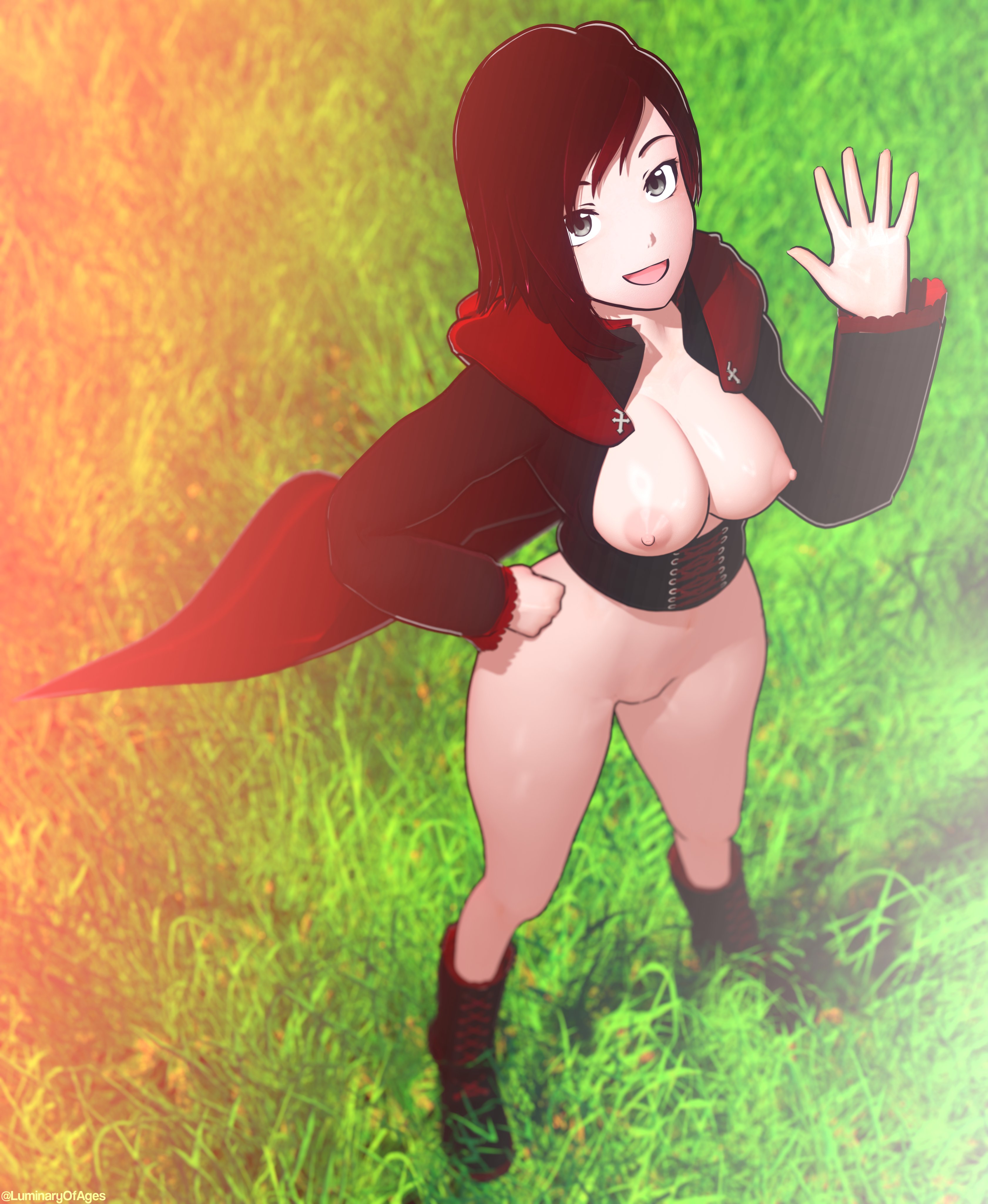 1girls, 3d, 3d (artwork), breasts, cape, female, female only, functionally nude, grass, happy, light skin, light-skinned female, luminaryofages, medium breasts, naked footwear, nipples, no bra, no panties, ruby rose, rwby, silver eyes, topless, waving at viewer