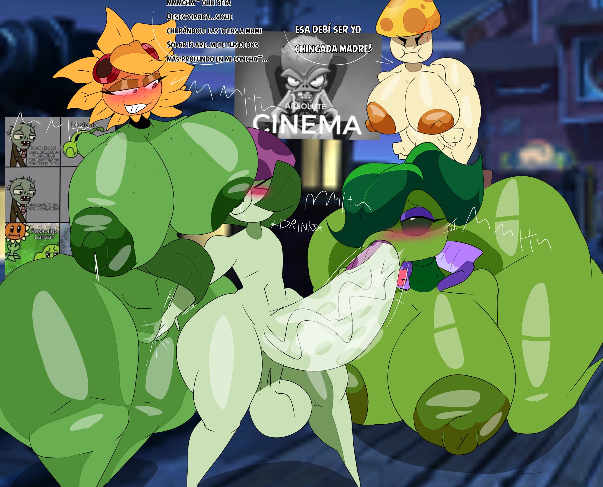 3girls, absolute cinema, anthro, anthrofied, ass, big breasts, breasts, cuckquean, dr zomboss, echo pea (pvz), electronic arts, female, flora fauna, huge breasts, meme, oraltext, peashooter (pvz), plant, plant humanoid, plantie, plants vs zombies, plants vs zombies 3, plants vs. zombies, popcap games, puff-shroom (pvz), solar flare (pvz), spanish text, sun-shroom (pvz), sunflower (pvz), translation request, video game character, video games, wannapossums, zombie (pvz)