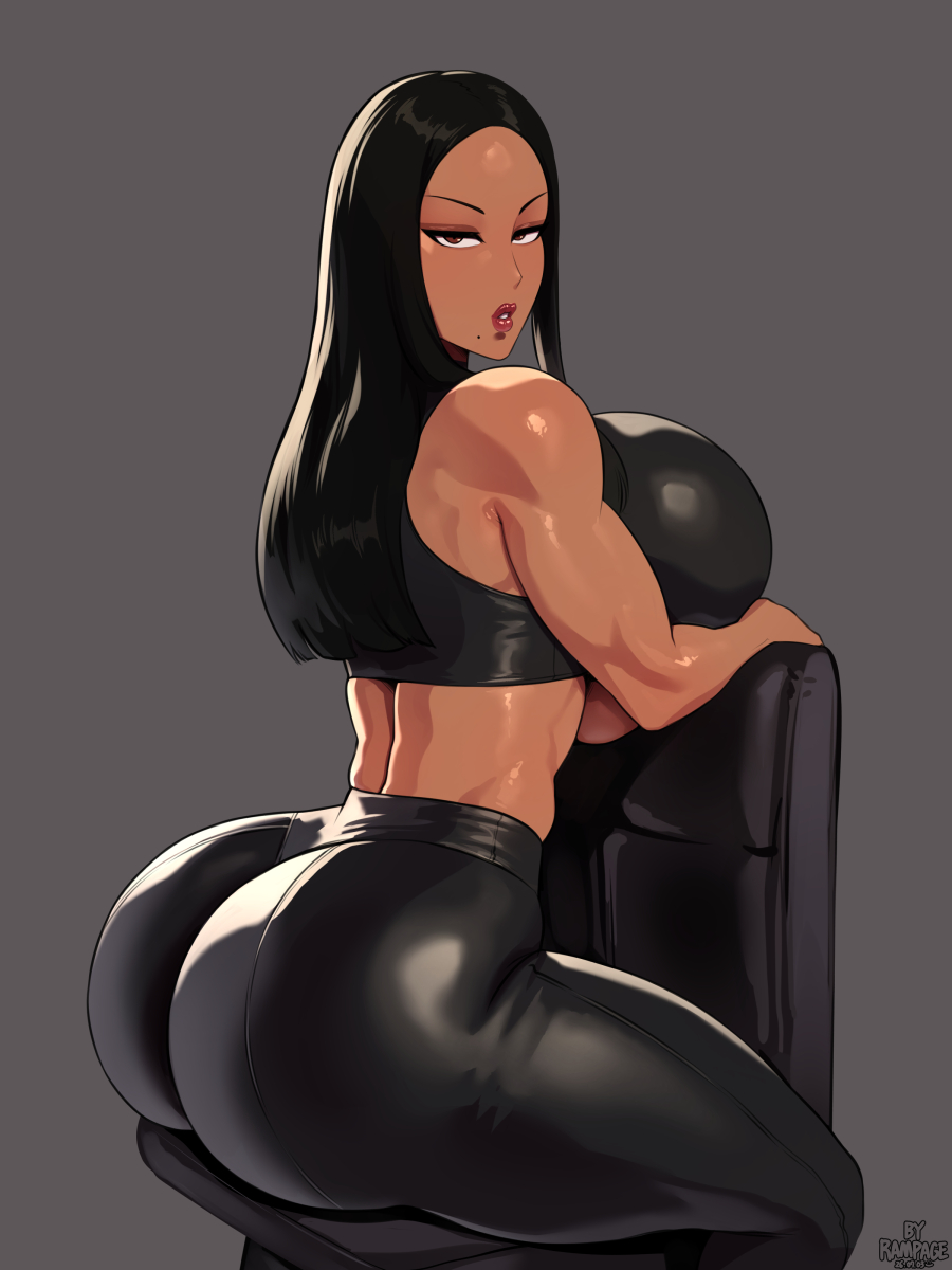 beauty mark, big breasts, big butt, clothed, fit female, huge breasts, leather, leather clothing, muscular female, plump lips, rampage0118, thick thighs, yubi (rampage0118)