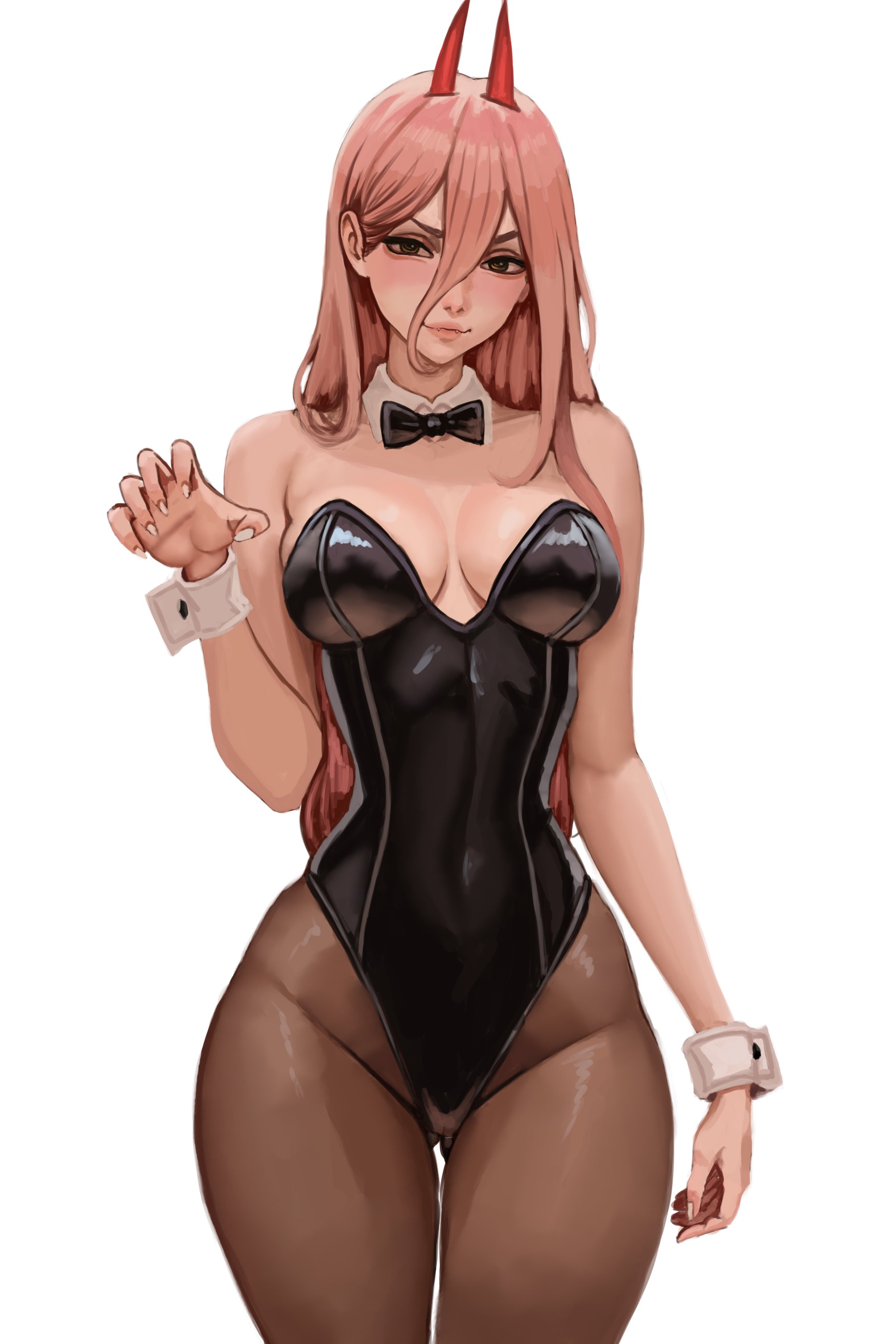 1girls, akinoshi, big breasts, bowtie, breasts, breasts apart, breasts focus, bunny girl, bunnysuit, chainsaw man, cleavage, cuffs (clothing), exposed shoulders, female, female only, leotard, looking at viewer, pantyhose, power (chainsaw man), revealing clothes, shiny clothes, slim waist, smile, smiling, smiling at viewer, solo, solo female, solo focus, thick thighs, wide hips